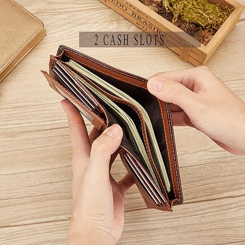 Miniatura 5 de VANNANBA Billetera de cuero de grano completo para hombres con RFID plegable con ventana de identificación lateral abatible 2, Amarillo Marrón,