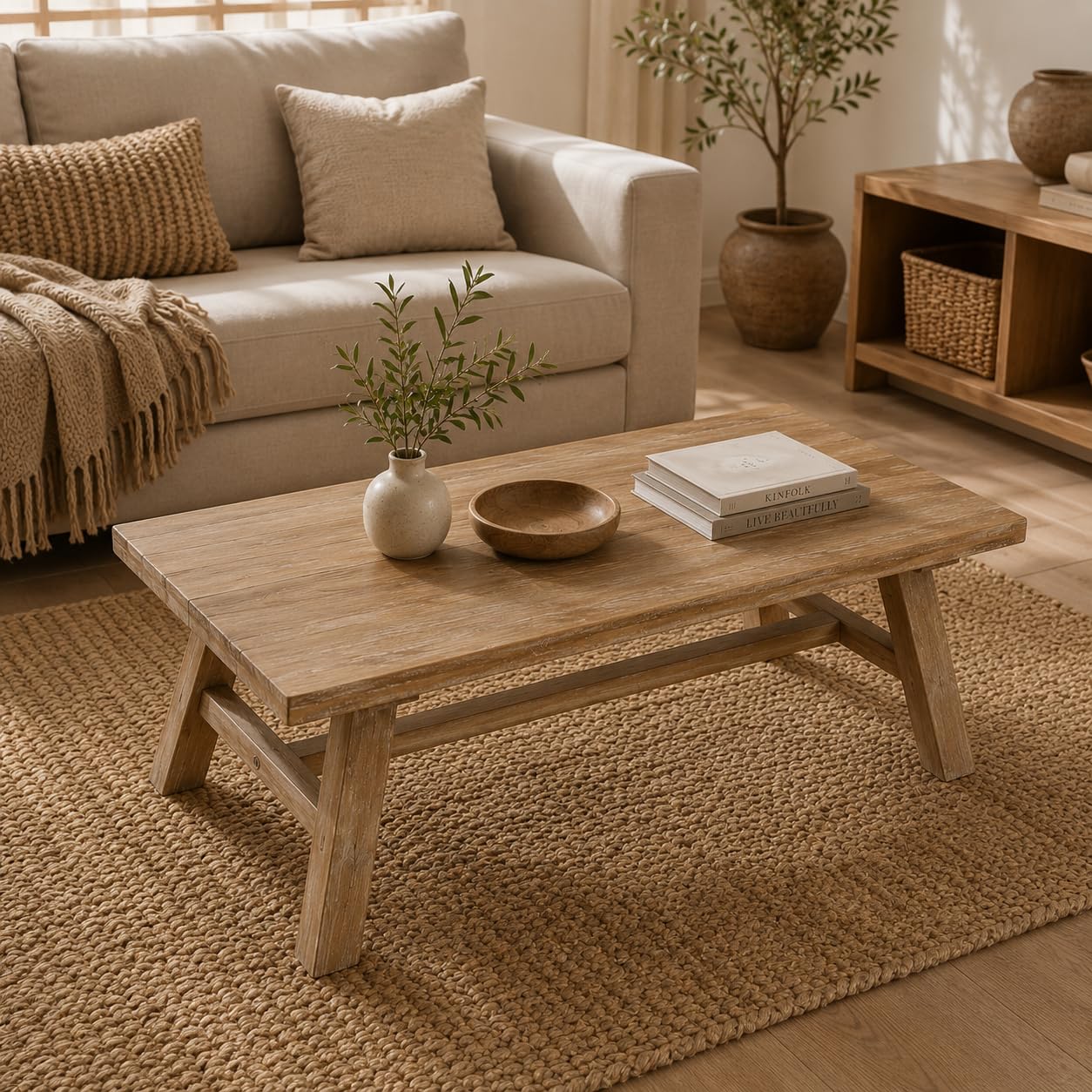 Mesa de Centro de Madera Reciclada Estilo WABI Sabi -con Patas Inclinadas y Refuerzo Horizontal - Mesa Auxiliar de Madera Maciza Sostenible Apto para salón y Pasillo. 120x55x38cm XZ-24897
