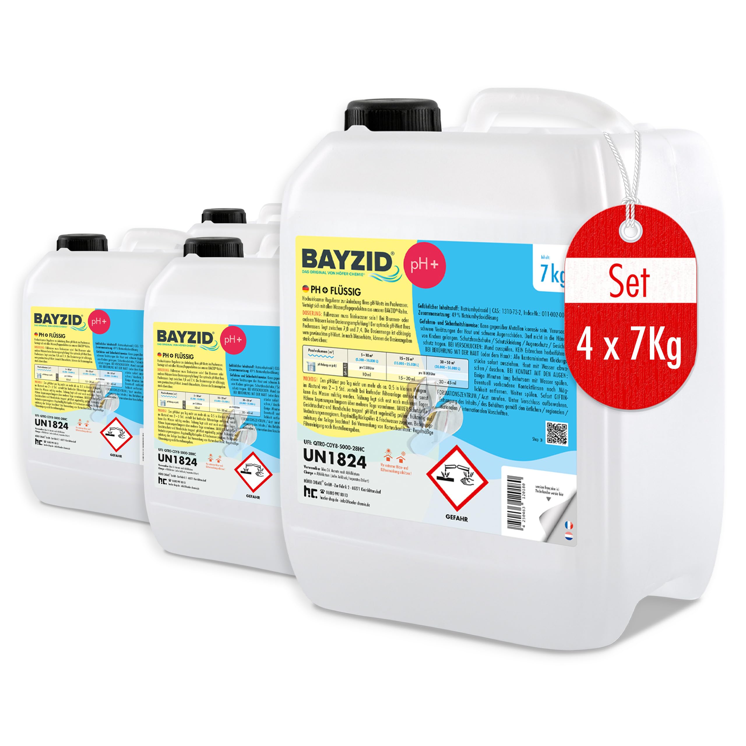 Höfer Chemie 4 x 7 kg pH Heber flüssig BAYZID - pH Plus für einen optimalen pH Wert und einwandfreie Wasserqualität im Pool