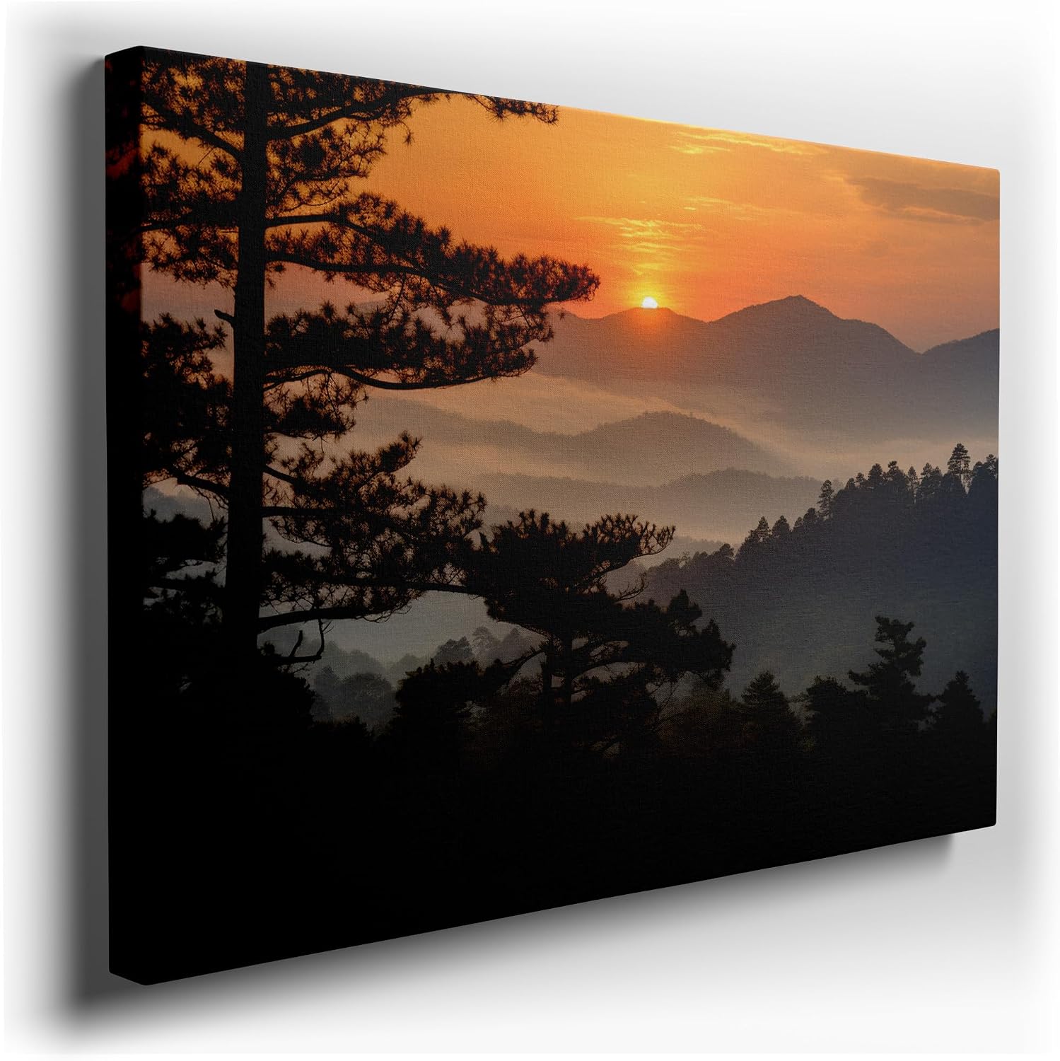 Canvas for Living room. Dawn�s Embrace: Awakening Hues and Silhouetted Evergreens Over Mountain Majesty, 27 x 18 inch Canvas Wall Art - Contemporary Masterpieces - Modern Home Decor