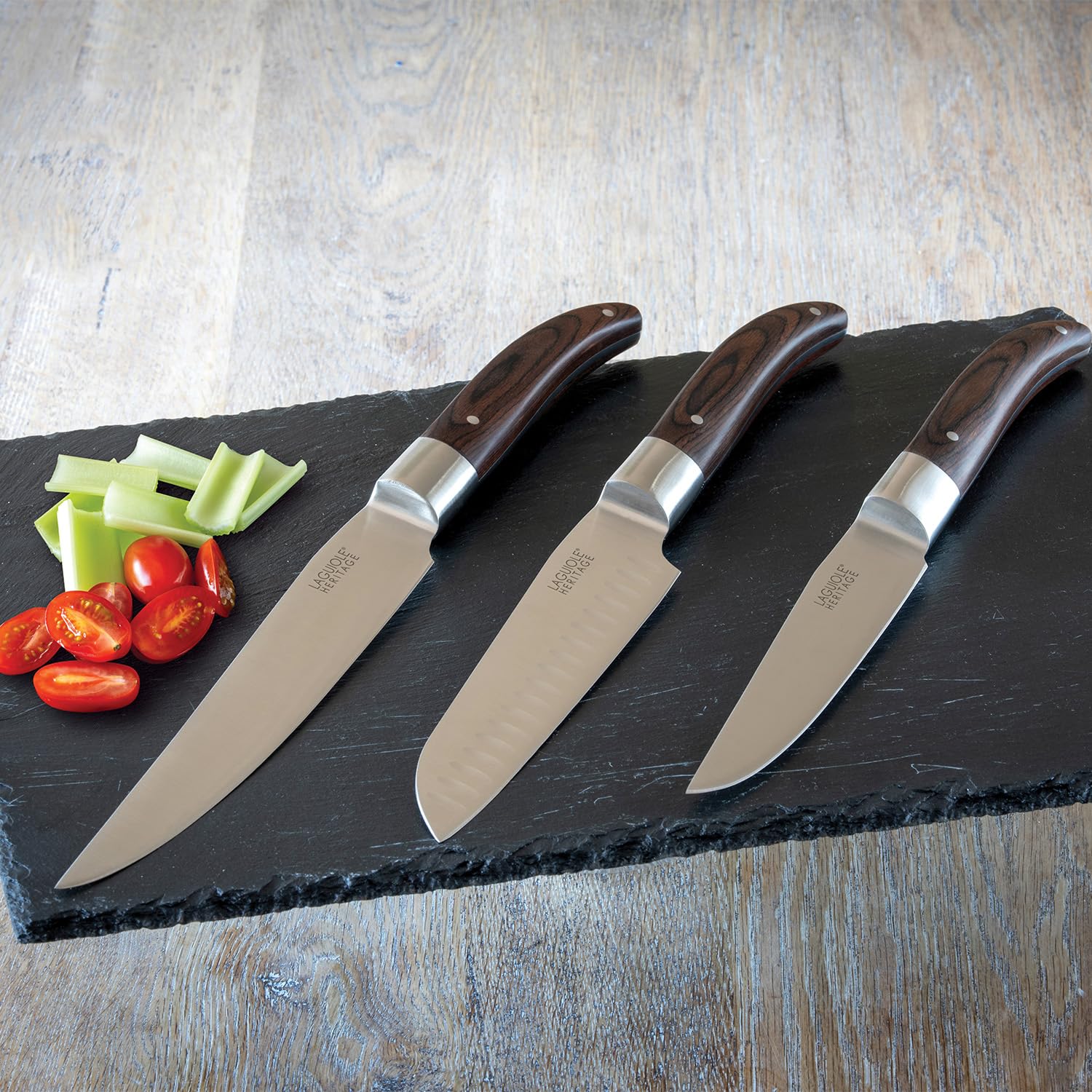 Set de couteaux de cuisine Laguiole Heritage 3 pièces | Couteaux de chef de haute qualité avec manche en bois de Pakka & lame en acier inoxydable | Set de couteaux professionnels pour la cuisine