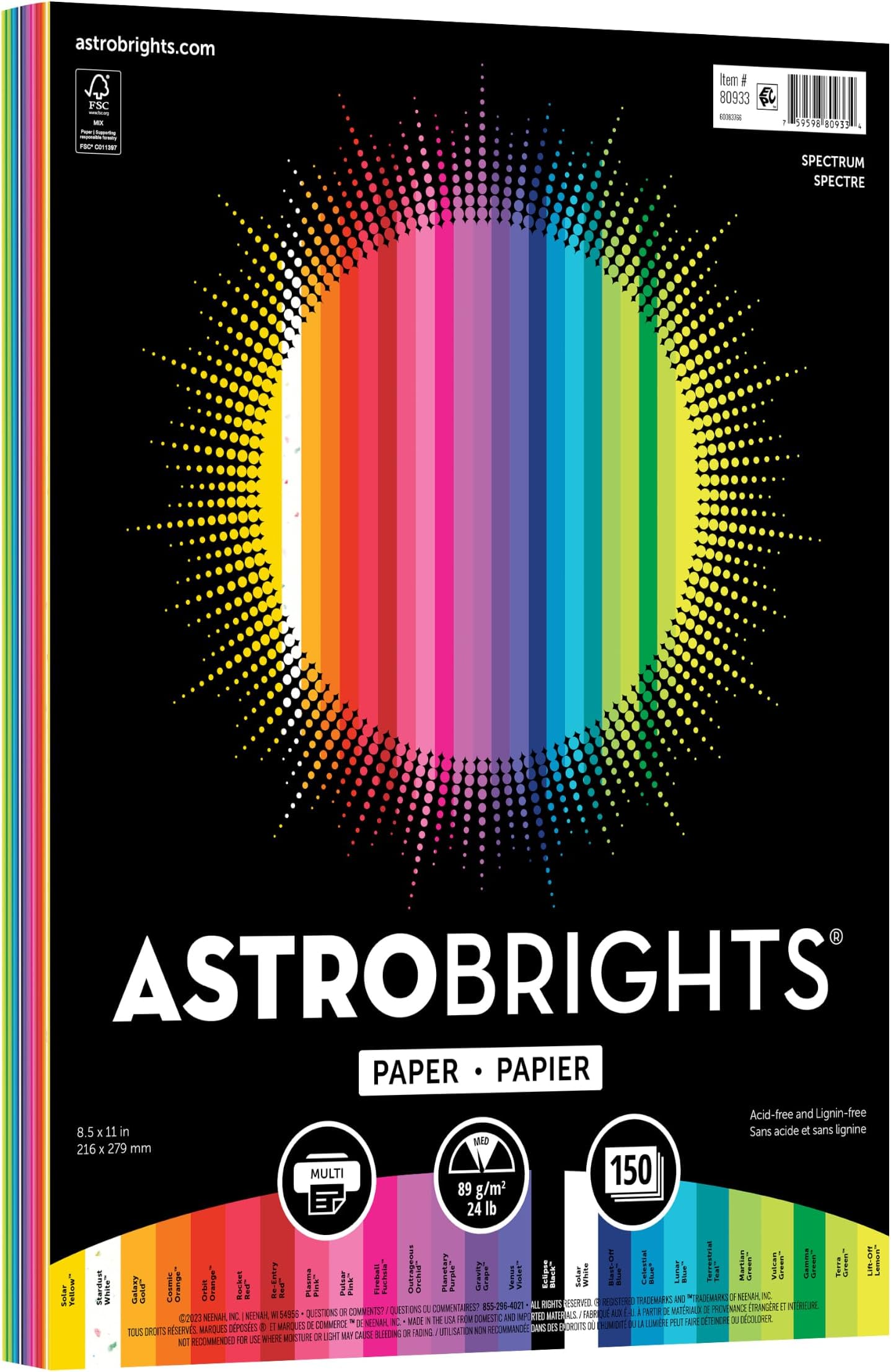 Astrobrights Colored Paper, 8.5โ x 11โ, 24 lb/89 gsm, Spectrum 25-Color Assortment, 150 Sheets