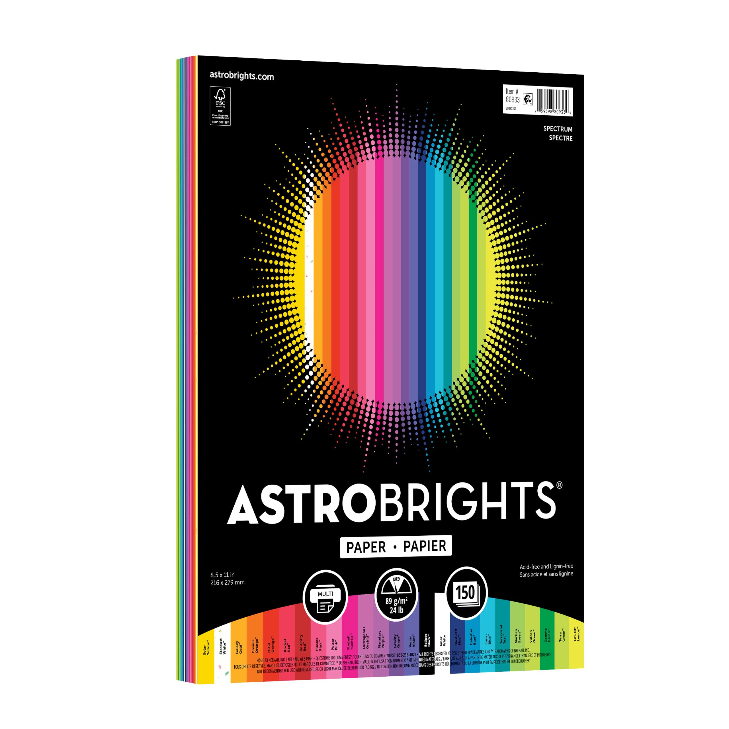 Astrobrights Colored Paper, 8.5” x 11”, 24 lb/89 gsm, Spectrum 25-Color Assortment, 150 Sheets 8-1/2' x 11'