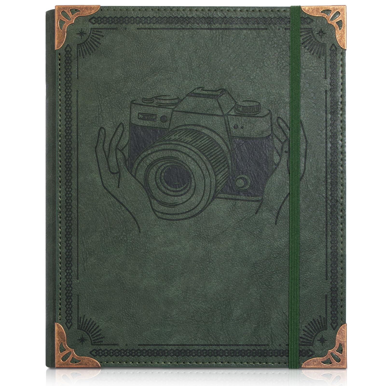 Album na zdjęcia, skórzany, vintage, podróżny, album fotograficzny, na rocznicę, ślub, prezent na rocznicę ślubu, zielony aparat fotograficzny, 10 x 16 cm