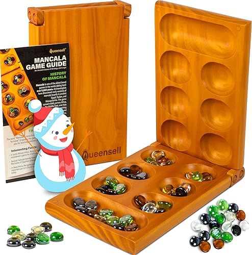 Mancala - Juego de mesa con bloqueo magnético, juego plegable clásico para 2 jugadores, juego de mancala de madera con 56 guijarros de cristal,
