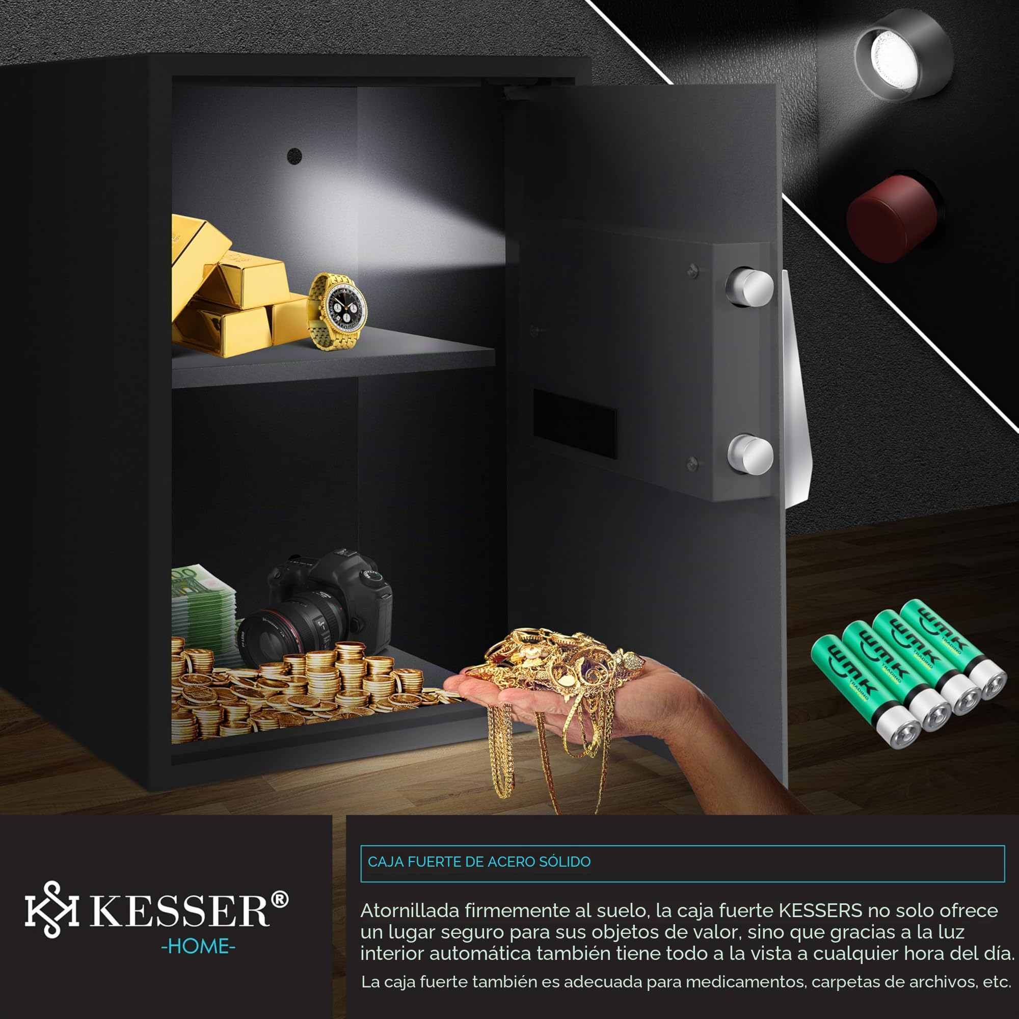 KESSER® Caja fuerte eléctrica - XXL, Grosor de la puerta 4 mm, Doble cerradura de pestillo, incl. Material de Montaje, Iluminación interior, Caja fuerte blindada, 50x35x34,5 / Negro