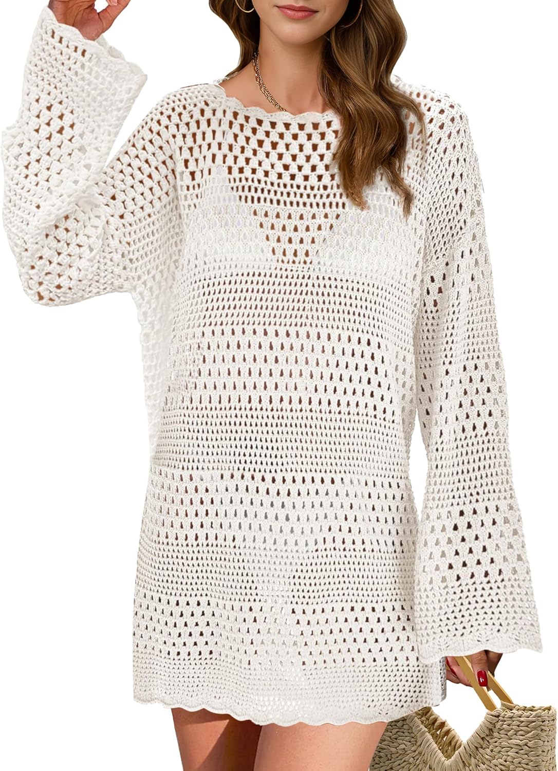 Buauty Womens Swimsuit Coverup Crochet Swim Cover Ups Bikini Bathing Suits Swimwear 2025 Summer Beach Dress Vacation Outfits White Medium