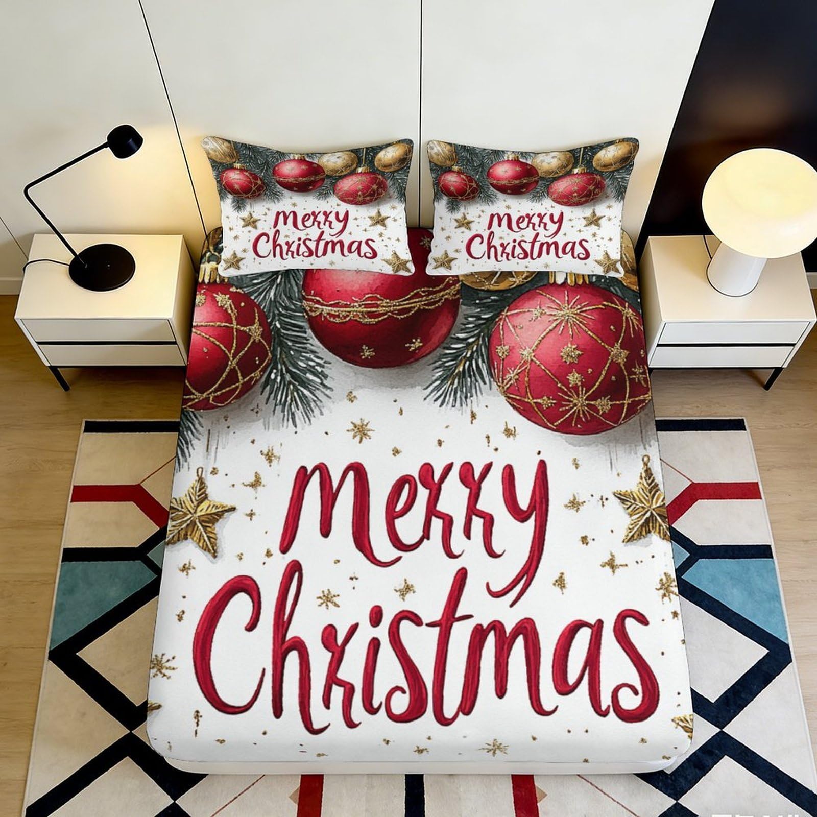 3D Printed Christmas Theme Fitted Sheet Microfiber Non-Slip Deep Pocket Christmas Mattress Fitted Cover for Bedroom 200x200x25cm