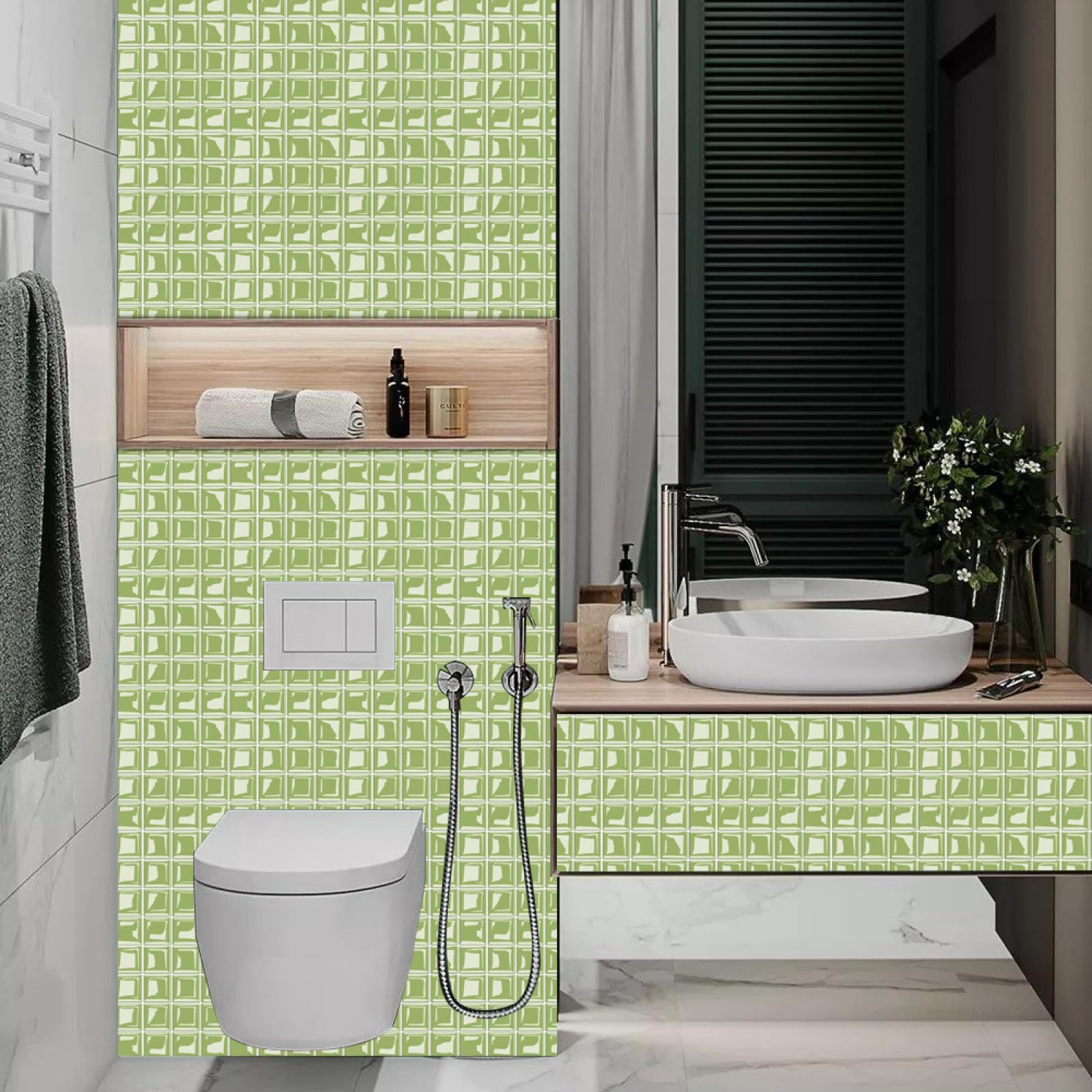Credence Adhesive Salle de Bain Mosaïque Vert Brillant Crédence Adhésive Cuisine Armoires Meubles Decoration Imperméables PVC Carrelage Adhesif Mural Salle de Bain