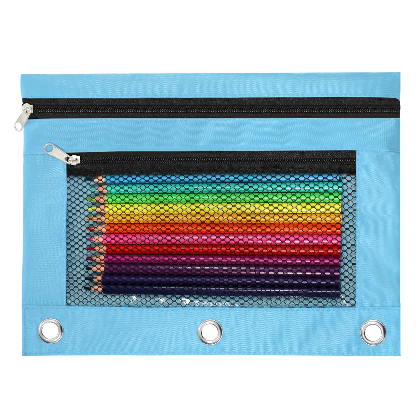 Pencil Pouch for 3 Ring Binder, Heavy Duty Canvas Dual Zipper Pen Bag with Clear Window, Smooth Metal Zipper, Fit Standard 3-Ring Binders for School Office Travel Supplies (Sky Blue)