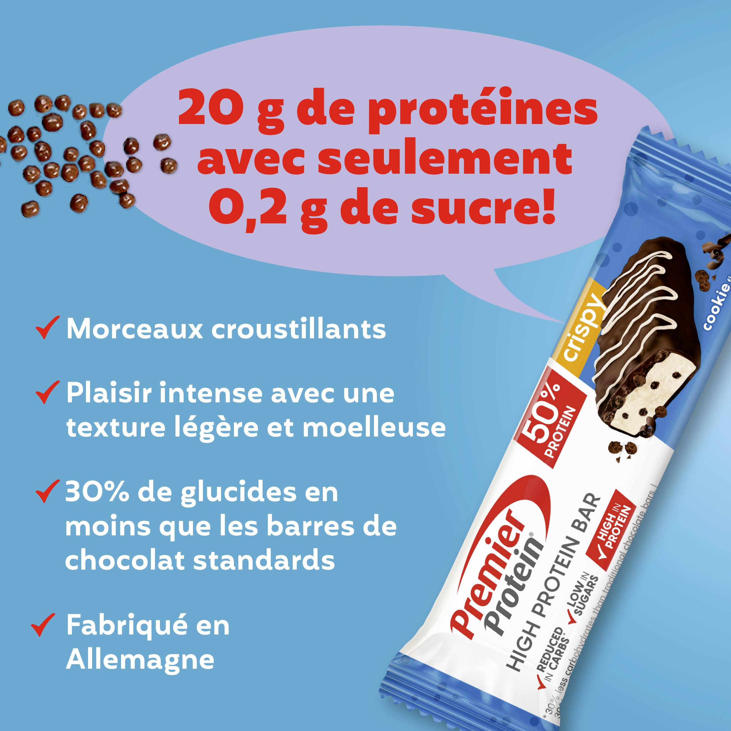 Premier Protein High Protein Bar Crispy Cookie 16x40g - High Protein Low Sugar Riegel + Palmölfrei
