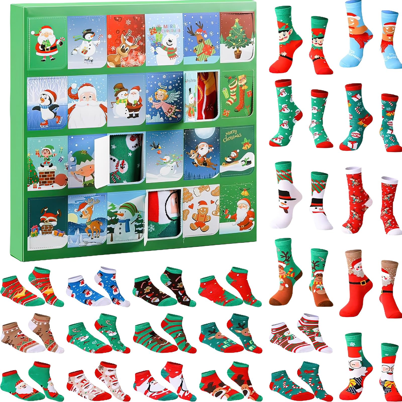 ANOTION 2025 Calze di Natale - Calendario dell'Avvento di 12 giorni Calza calda per uomini Calendario di conto alla rovescia Regali per feste natalizie 12 paia Calze con alce, albero di Natale