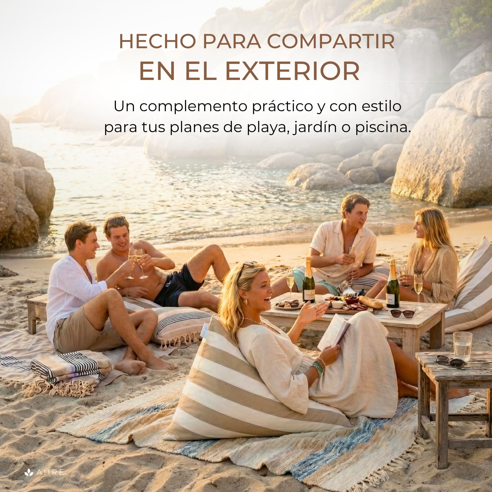 Aiire Puff Exterior Jardín con Relleno Incluido - Tejido Olefina Premium, Desenfundable y Lavable - Sofá Exterior para Playa, Terraza o Piscina - Bean Bag Chair Ligero Amarillo [75x65x55 cm]