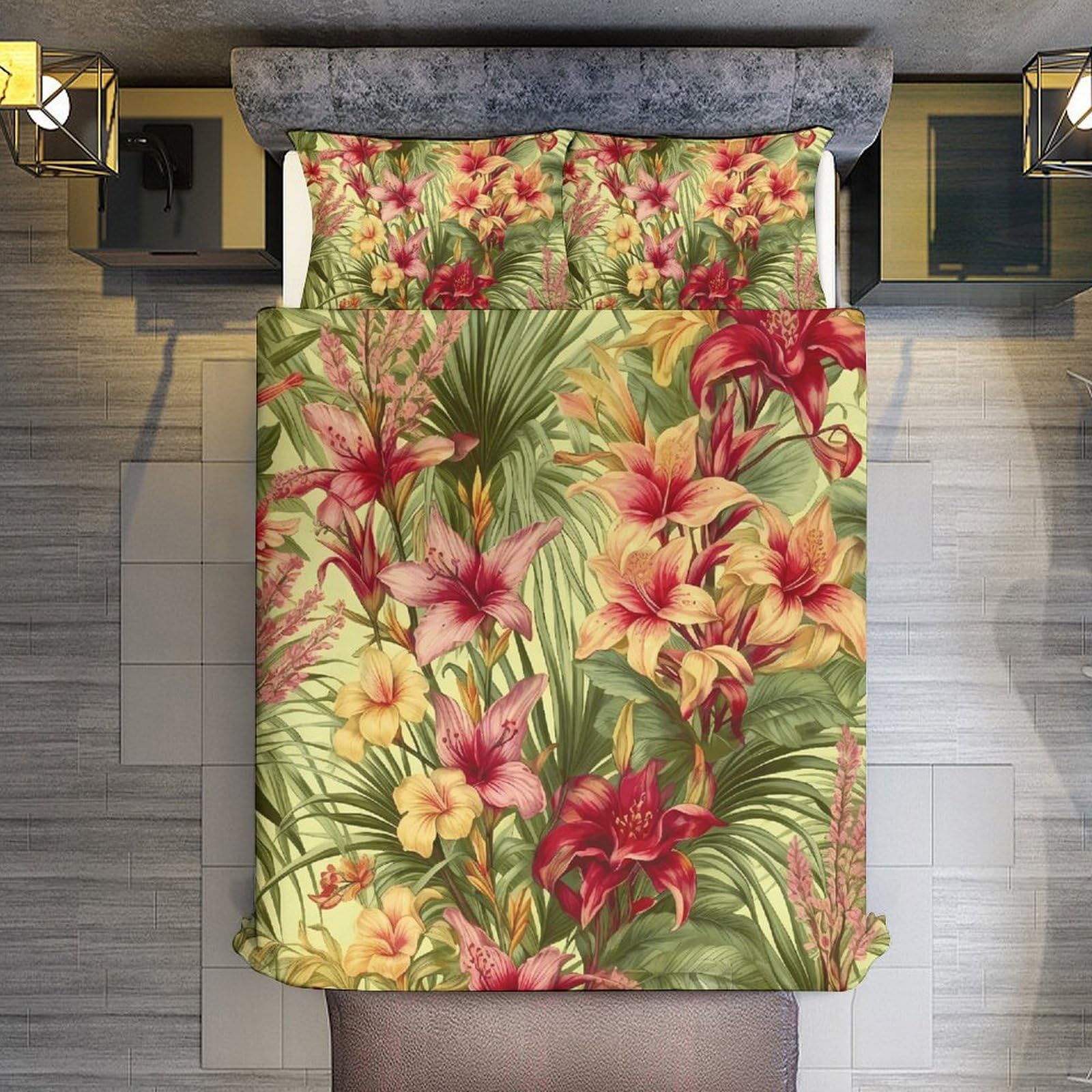 Set di biancheria da letto 3 pezzi, ultra morbido, con motivo floreale di palme tropicali + 2 federe, leggero copripiumino double-face per casa/hotel/regali, 228,6 x 228,6 cm