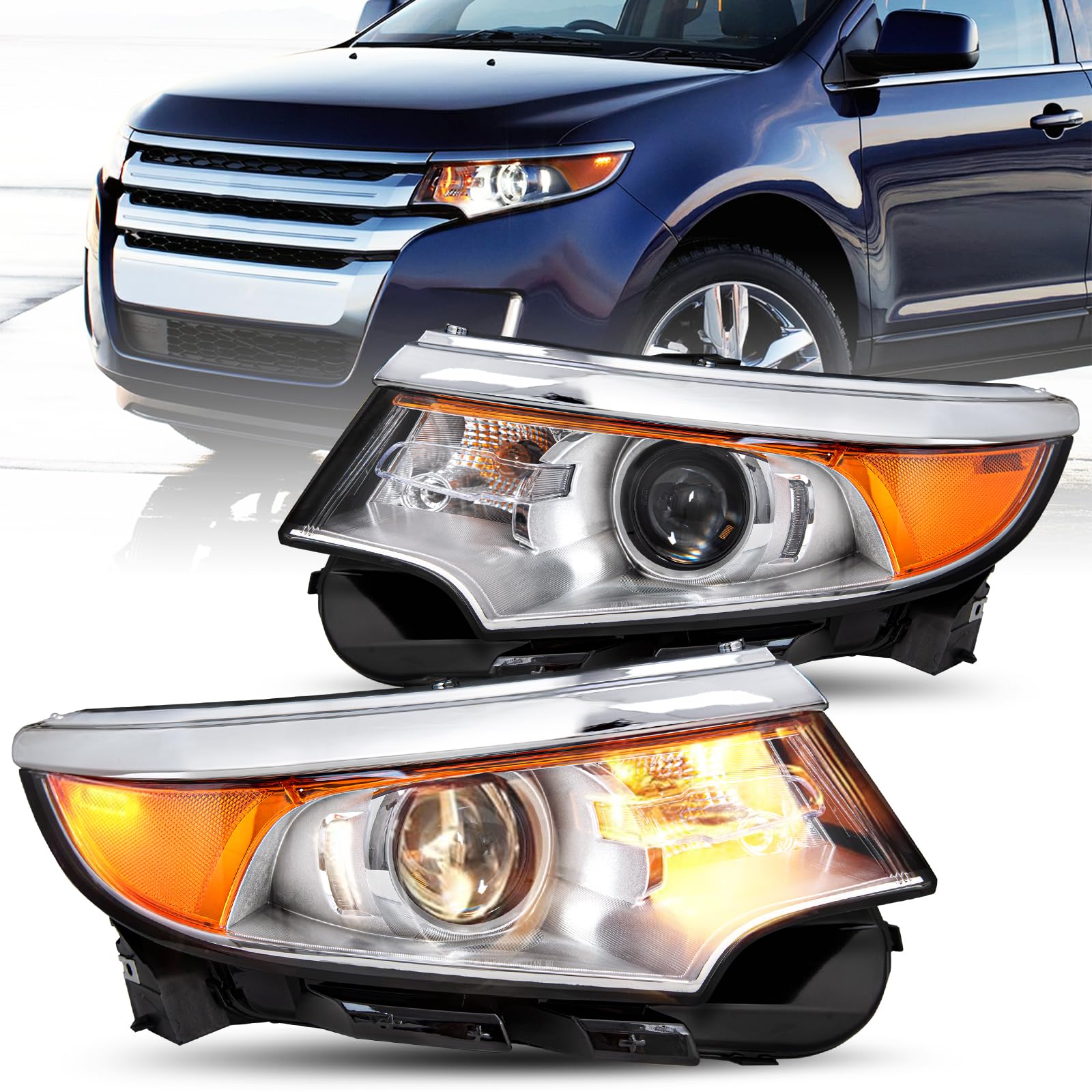 JSBOYAT Headlight Assembly Replacement for 2011-2014 Ford Edge Projector OE Style Headlamp Left Driver and Right Passenger Side (Chrome Housing with Amber Reflector)