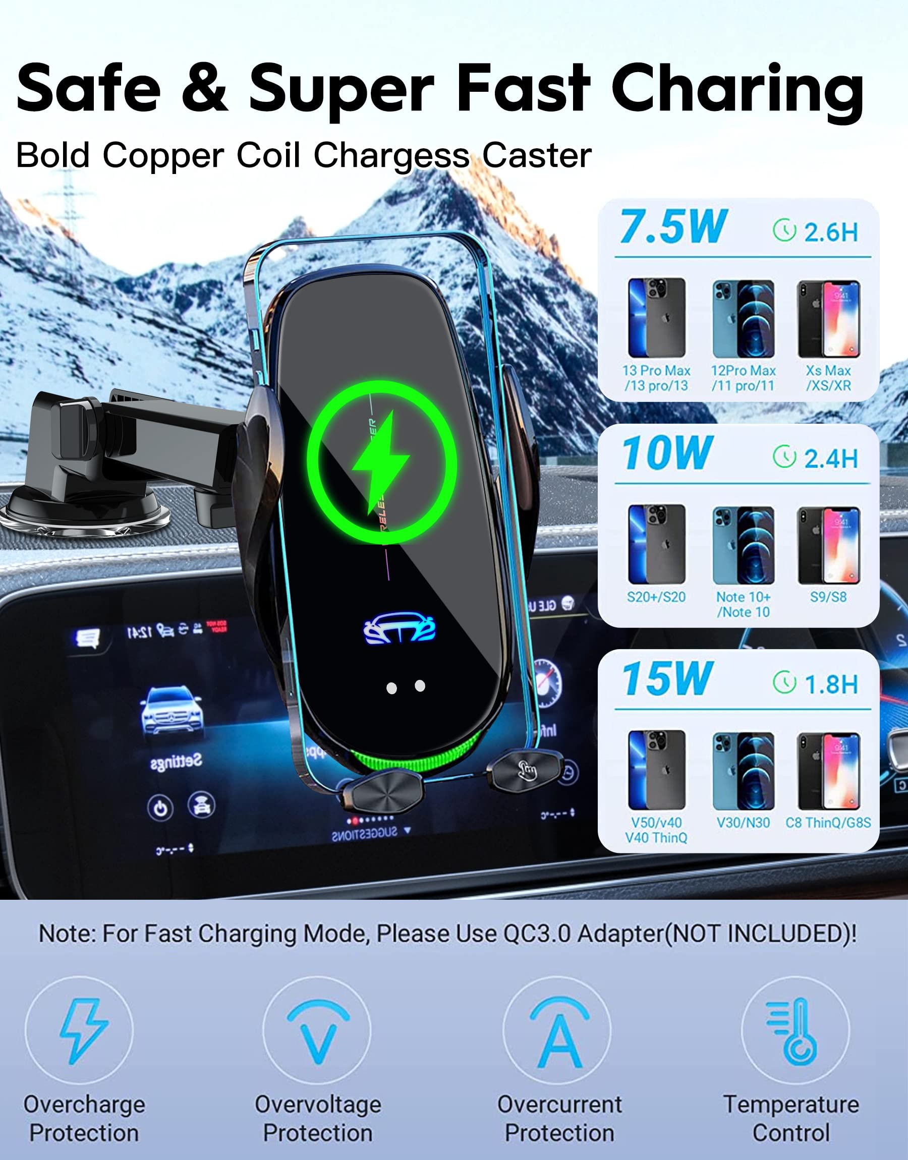 15W Handyhalterung Auto mit Ladefunktion, Kfz Ladegerät Induktive Ladestation Auto Handyhalter Lüftung, Automatische Klemmung Handyhalterung Auto Induktives Laden für iPhone Samsung LG usw