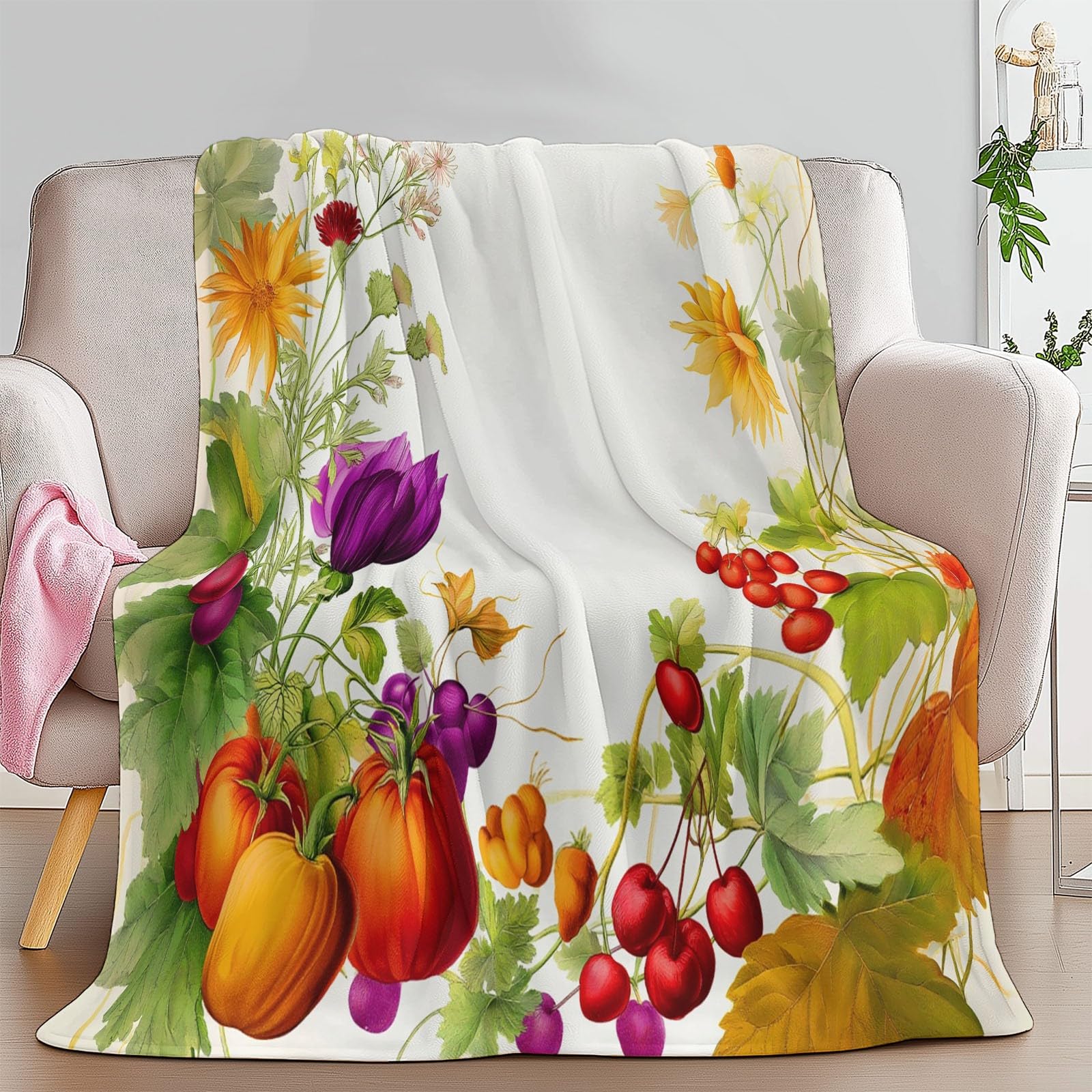 Ciepły flanelowy koc sherpa w stylu akwarelowym, 180 x 200 cm, miękki, przytulny koc z owoców, warzyw, roślin, pluszowy, flanelowy, polarowy, 180 x 200 cm, dla dziewcząt, dzieci, dorosłych, na kanapę