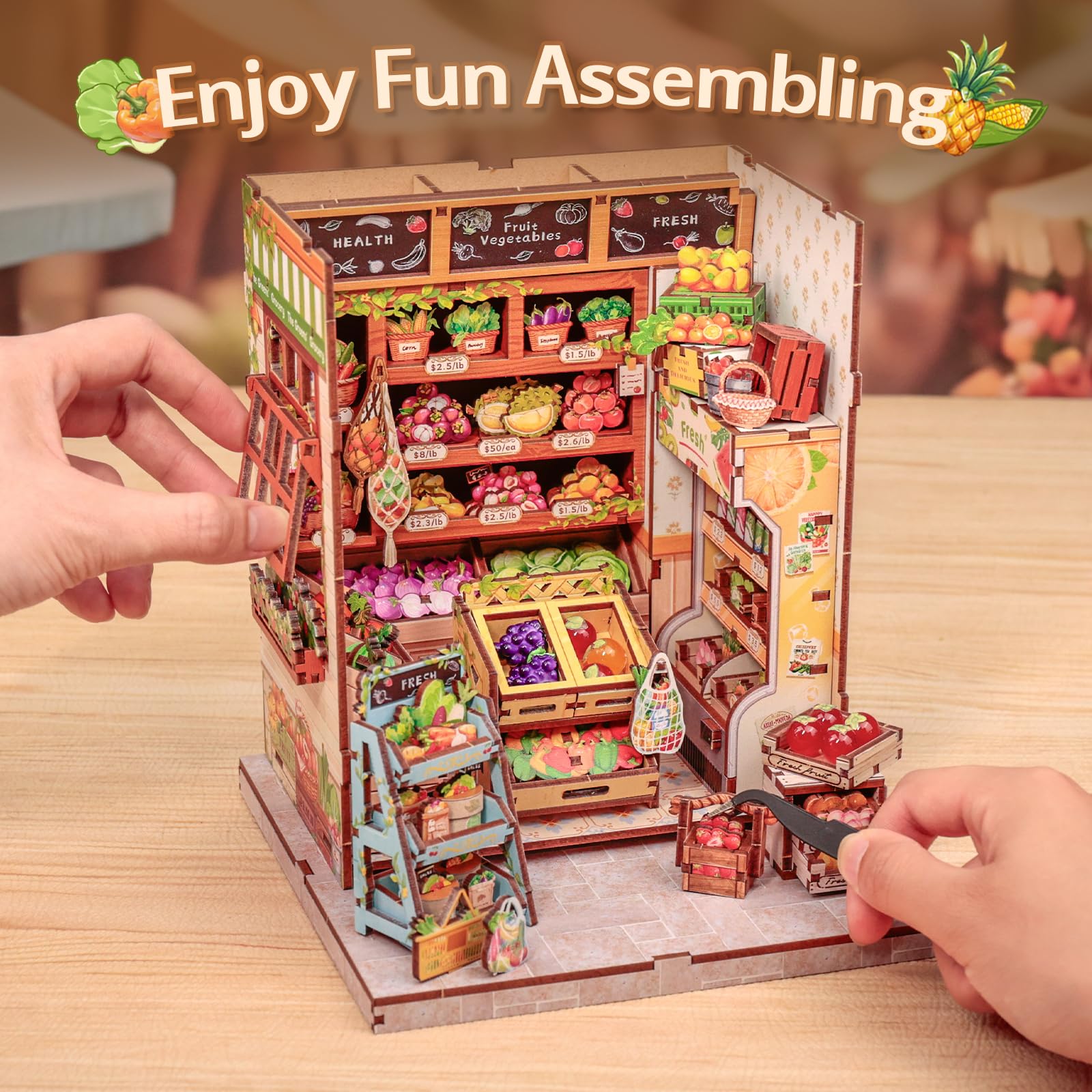 Cutefun Book Nook Kit - Case delle bambole DIY con Luci LED - Miniatura 3D Fai da Te per Decorazione e Collezione, Appassionati di Puzzle (The Greens' Grocery)
