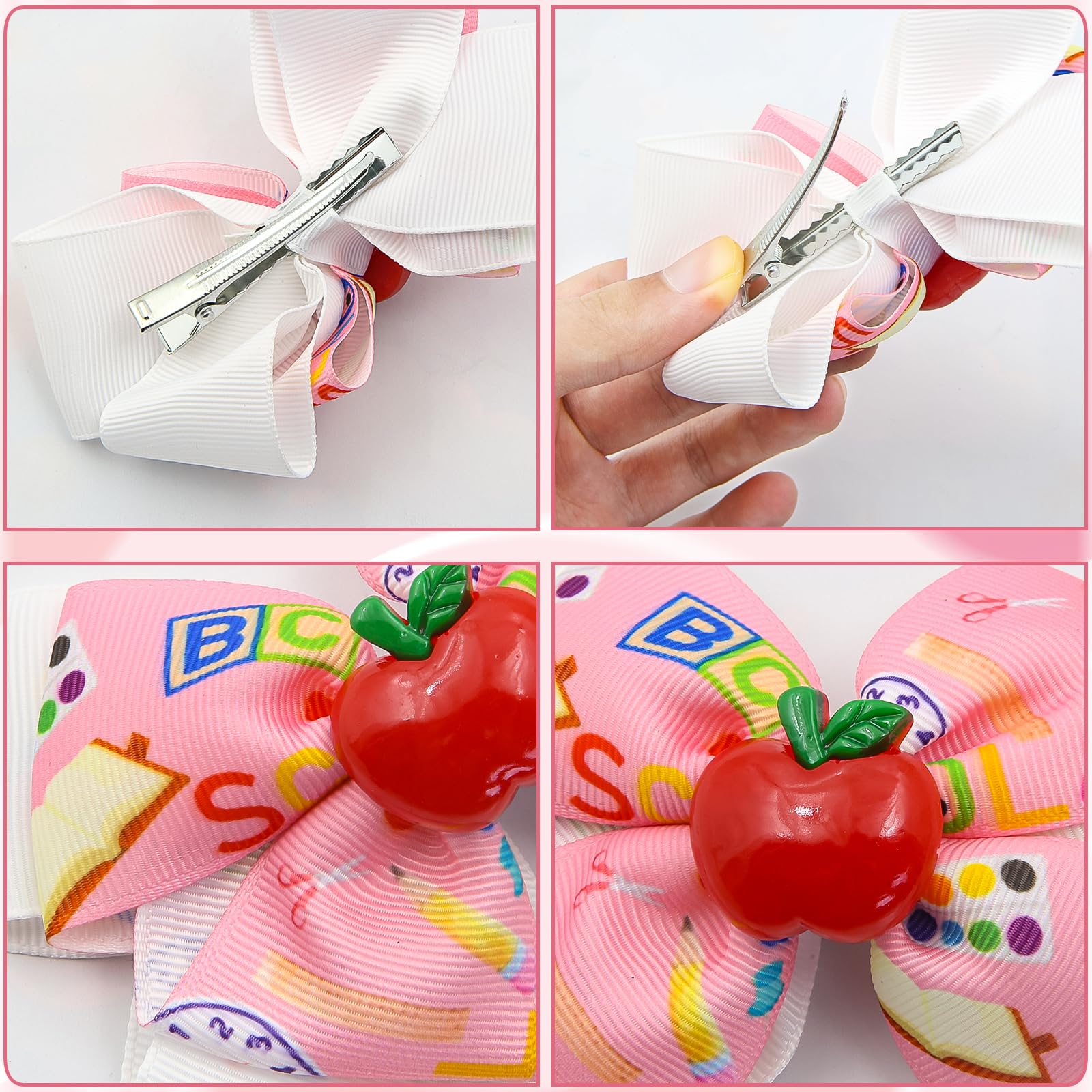 4 Pcs Back to School Bow Hair Clips for Kids,First Day of School Hair Bow Barrette Apple Pencil School Bus Blackboard Hair Pins Alligator Clips for Kindergarten Girls Students Hair Accessories - Image 3