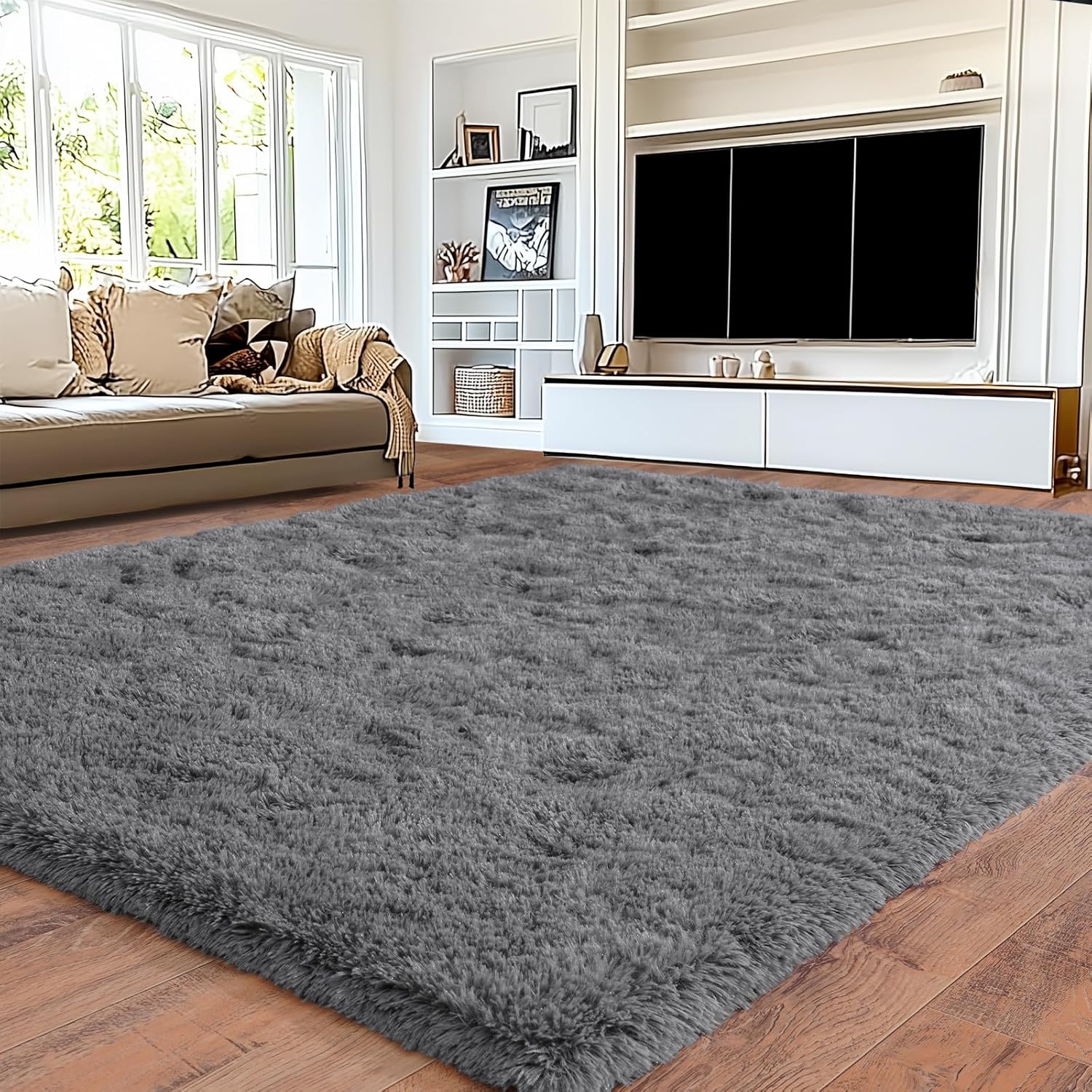8x10 Area Rugs for Living Room, Ultra Soft Fluffy Large Shaggy Rug Carpet for Bedroom, Non-Slip Fuzzy Plush Rugs for Nursery Boys Girls Kids Room Modern Indoor Home Decor, Grey