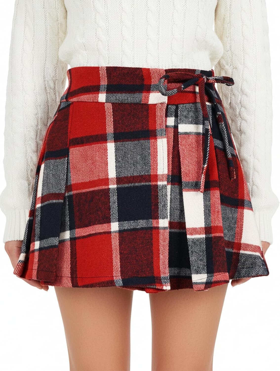 AURUZA Women's Plaid Pleated Mini Skirt with Built-in Shorts High Waist Wool A-Line Tie Skirts Casual Fall Winter