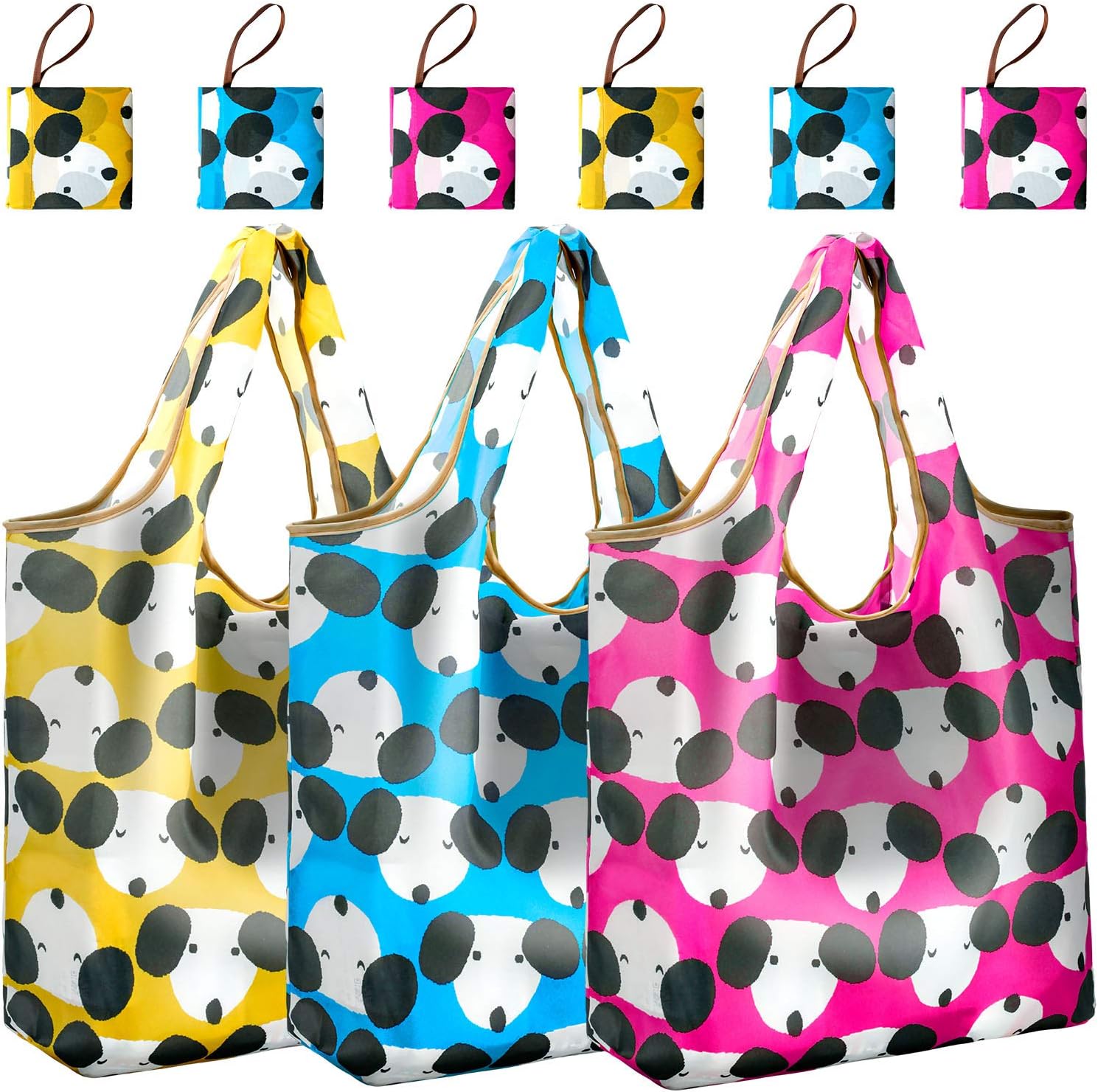 Reger Foldable Nylon Light Weight Compact Grocery Shopping Storage Bags Reusable & Mathine Washable Fits in Pocket Eco Friendly (Dog Prints, Pack of 6)