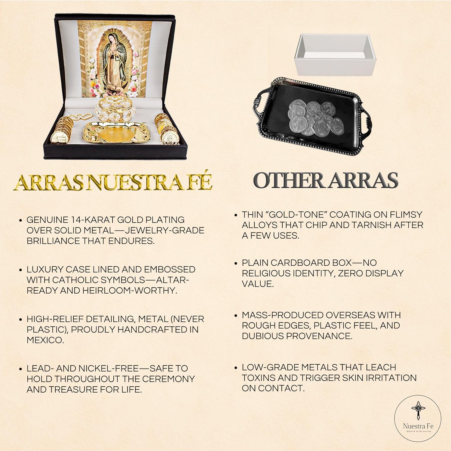 Cuitáxi Nuestra Fe 14k Gold Plated Wedding Arras - Arras para boda catolica with our virgen of Guadalupe in a premium gift box made and blessed in Mexico - arras de boda - arras for wedding ceremony