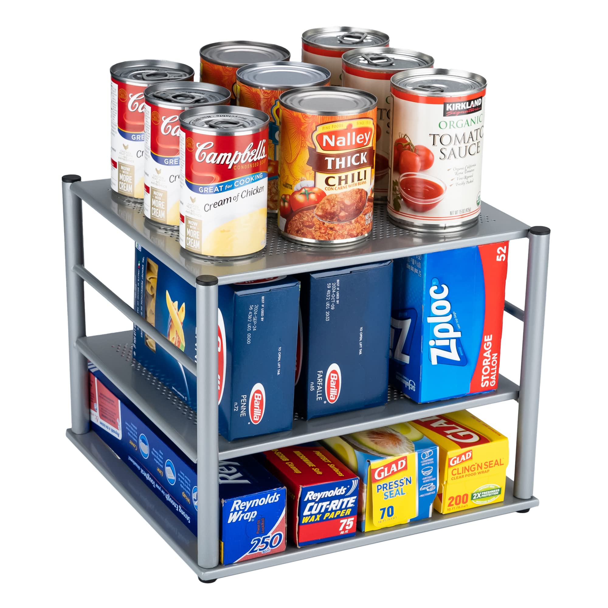 Kitchen  Cabinet Organizer – Full Metal 3-Tier Pantry Organizer with Adjustable Shelves –  Kitchen  Pantry Foil  and  Plastic Wrap Organizer for RV, Camper, Home  Organization   and   Storage  – 12 x 11.25 inch
