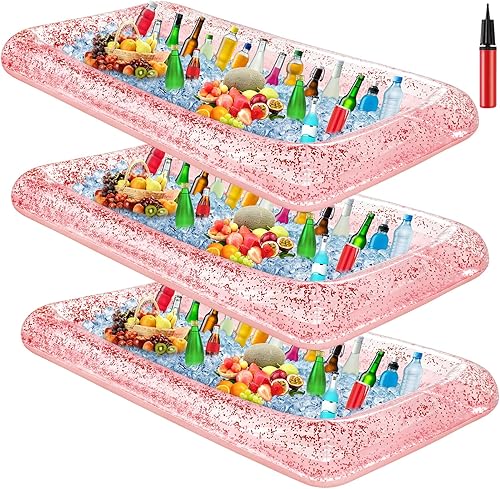 Miniatura 1 de Leitee Bandeja inflable de 3 piezas para servirbufé de hielo, enfriador de bebidas con tapón de drenaje, barra de piscina inflable para fiestas,