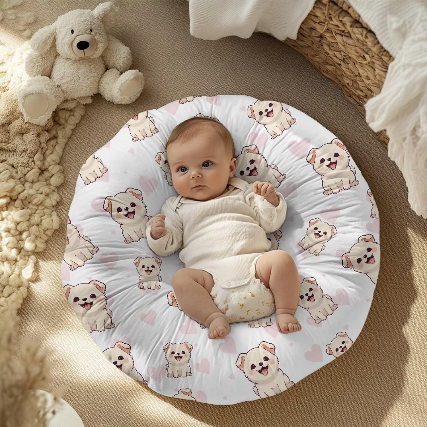 2 Pcs Lovely Dog Printing Newborn Lounger Cover Neutral, Removable Portable Infant Lounger Baby Floor Seat Cover Ultra Soft Sung Fitted Baby Lounger Slipcover