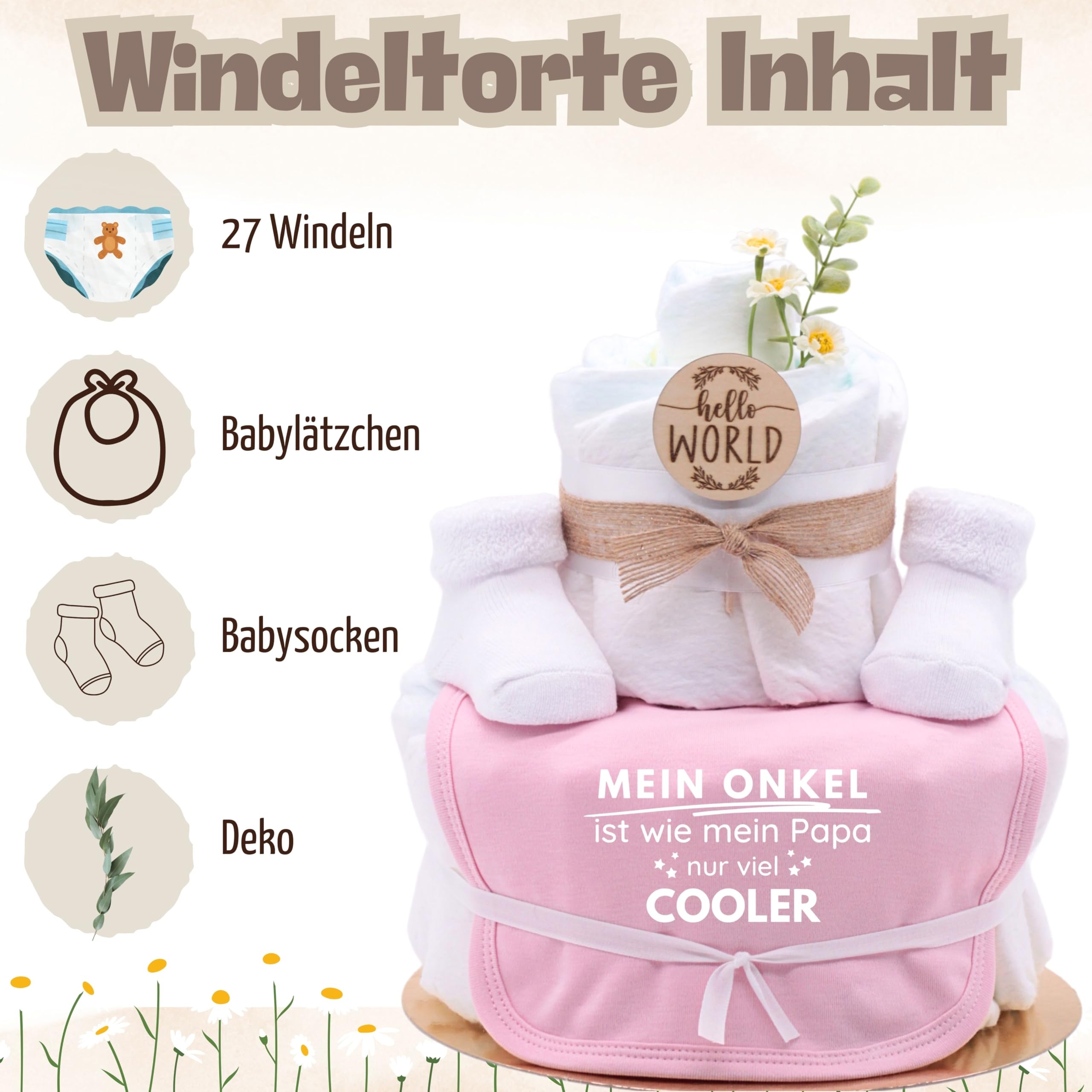 Trend Mama | Windeltorte | rosa | Spruch wählbar | 27 Windeln (Größe 2), Baby Lätzchen, Kuschelsocken |Geschenk Geburt (Design| Mein Onkel ist wie mein Papa nur viel cooler)