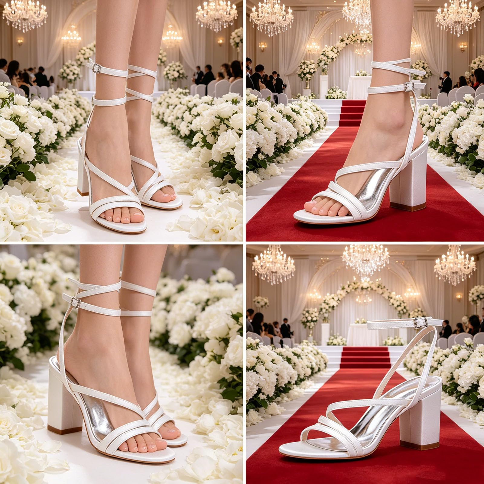 Sandali da Donna in Raso con Tacco Largo, a Punta Aperta, con Fasce Incrociate e Cinturino alla Caviglia con Fibbia Sandali Eleganti da Cerimonia e Sposa