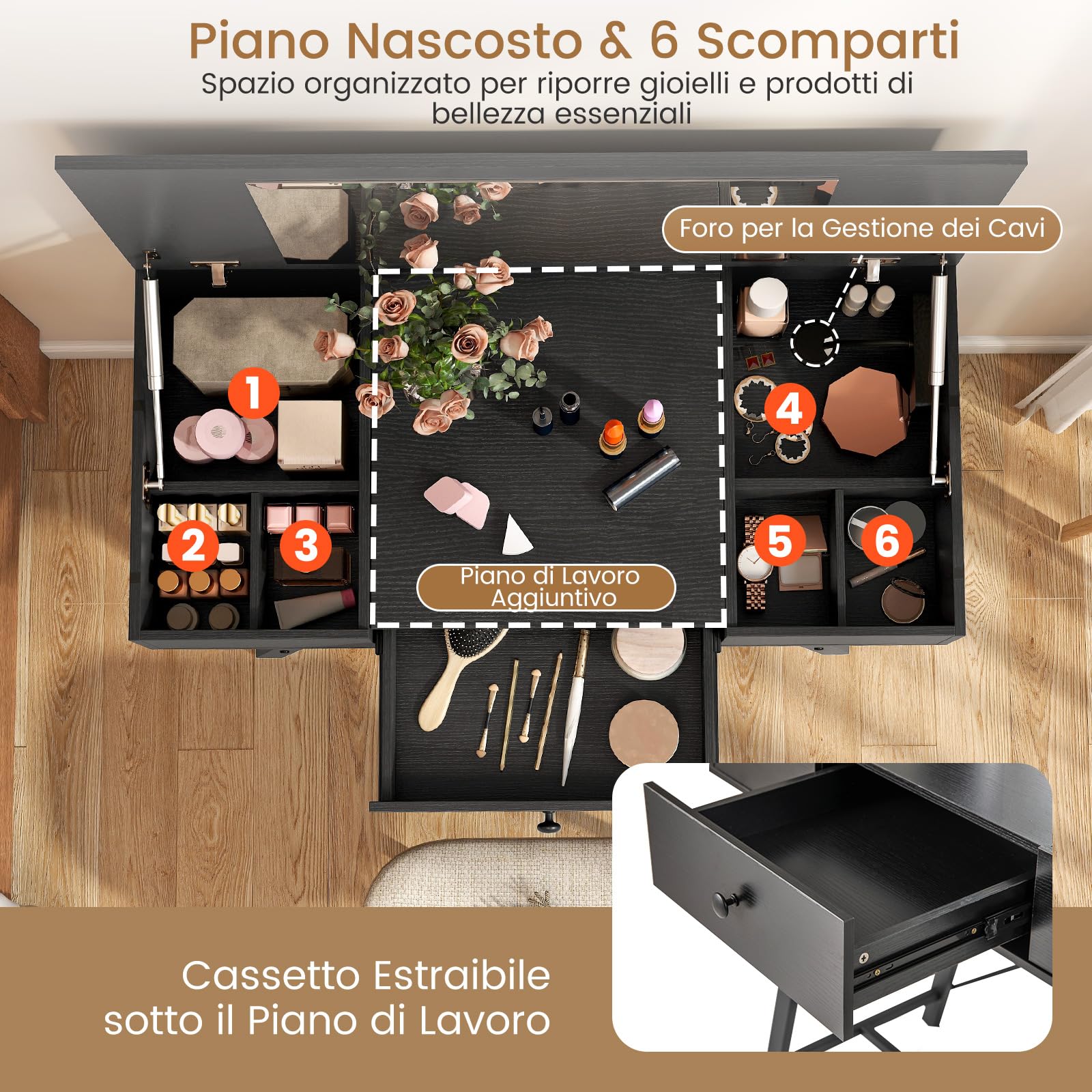 COSTWAY 2 in 1 Tavolo da Trucco Pieghevole, Tavolo da Toeleta con Specchio a Ribalta, Stazione di Ricarica, 6 Scomparti, Cassetto, Piano di Lavoro, per Soggiorno Camera da Letto (Nero)