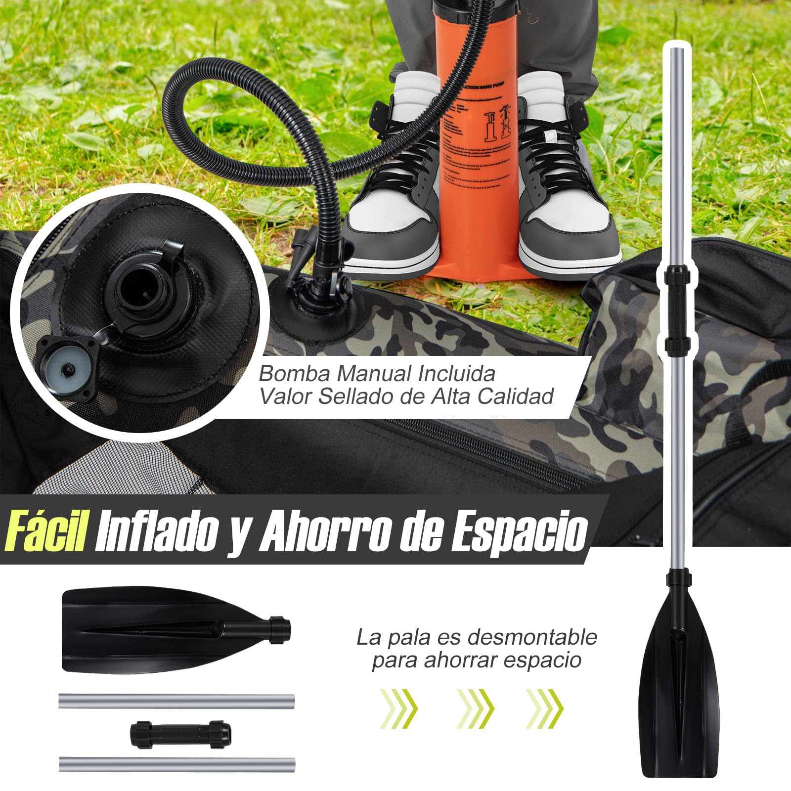 GOPLUS Barca Hinchable para Pesca, Barco Inflable con Portacaña, Remo de Aluminio, Bomba sin Motor,Respaldo Ajustable， Bote Hinchable para Adults, Carga 150 kg