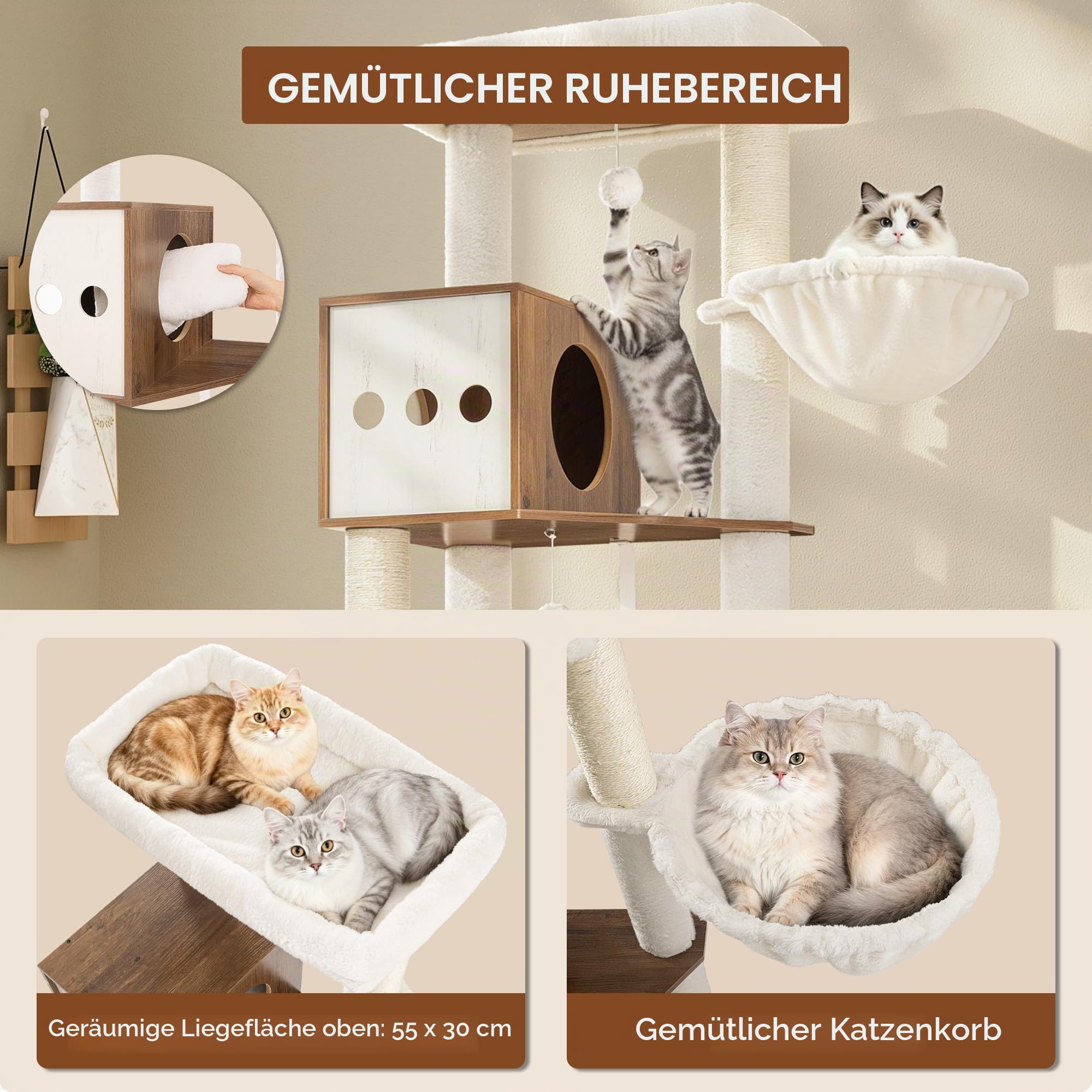 Kratzbaum mit Katzenklo Schrank, 190 cm Katzenbaum Weiß und Braun | Sisalstämmen, Sprungplattform, 2 Höhlen, Körbe, Ruheplattform, Waschbares Kissen, 2-in-1 Katzenkratzbaum XXL FPMS013PWR1