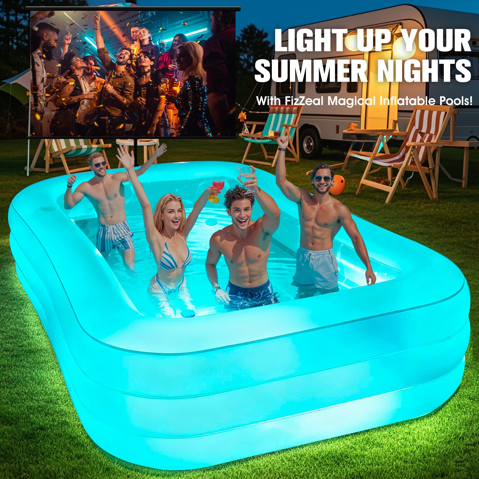 Luxfero Piscina Hinchable Grande con Asiento y Luces, 280x160x50 cm Piscina Inflable Adultos, 1400L Espesado Piscina Hinchables Rectangular, Piscina Hinchable Familiar para Jardin Adultos