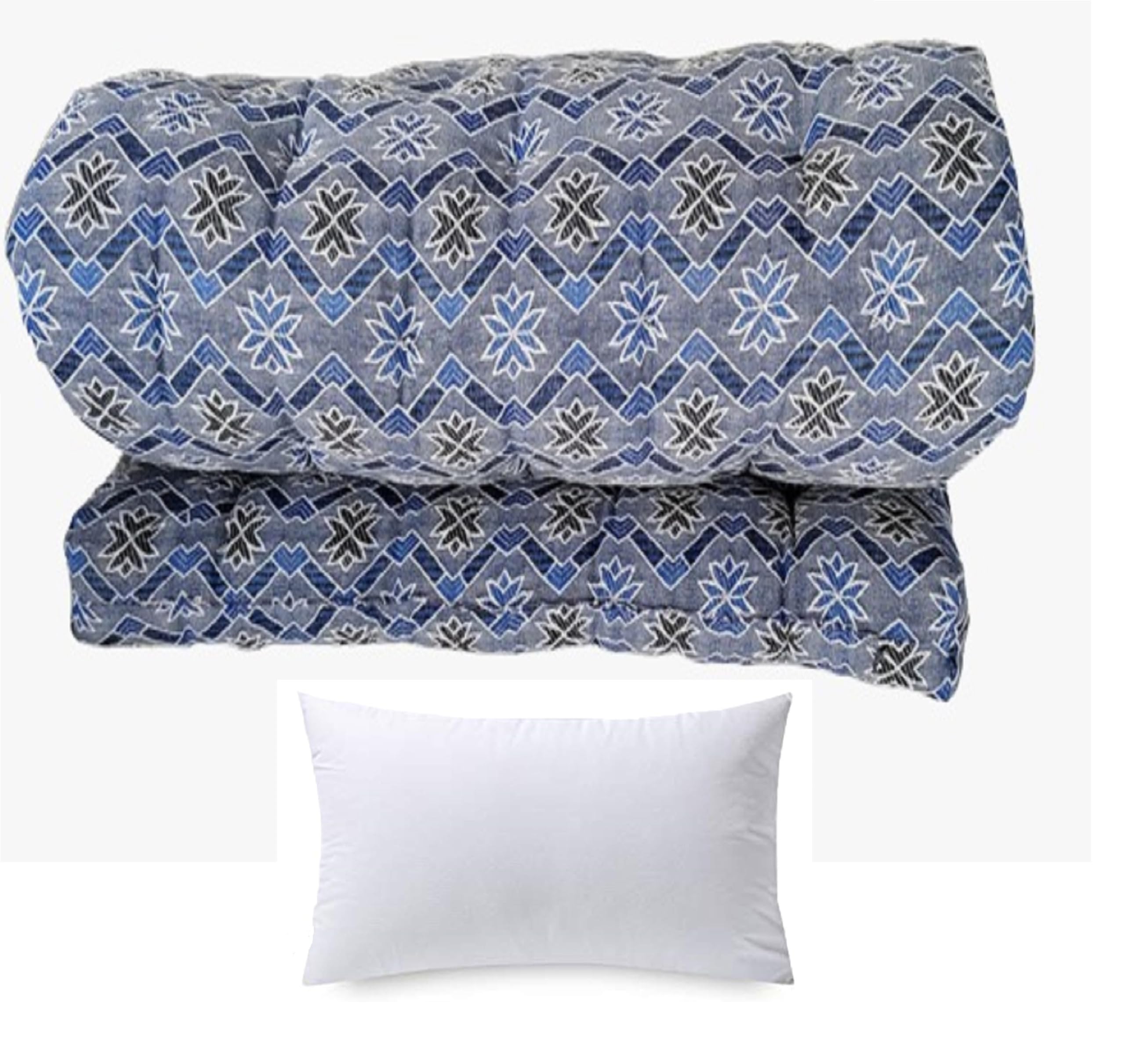 Adim's Cotton Filled Single Bed Quilt Mattress with 1 Pillow | Soft & Reversible, Foldable Firm Mattress | Tufted Soft Rui Gadda for Bedroom, Living Room | Blue Embroidery, Star | 3 x 6ft