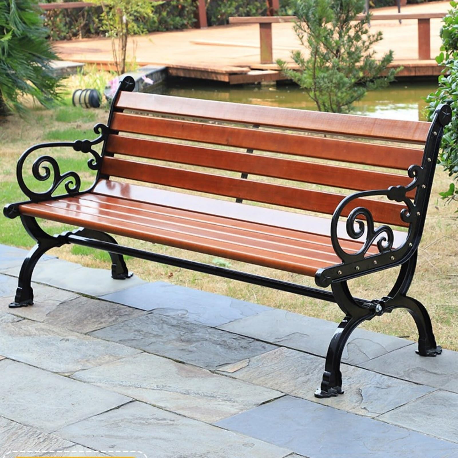 Exterior Banco Patas de Metal, Banco de Jardín de Madera Maciza | Banco de Metal for 2-4 Plazas, Parque Banco Asiento de Listones for Porche/ Césped/ Hospital/plaza(Dark brown,70.8''/180cm)