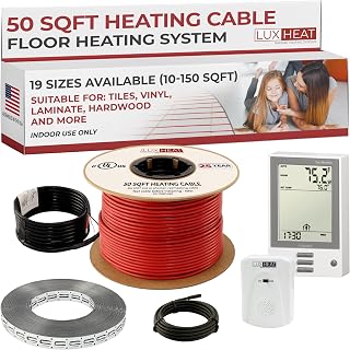 LuxHeat 50sqft Floor Heating Cable Kit - 120v Electric Floor Heating System - Heated Flooring System Includes UDG Programmable Thermostat w/GFCI, Heater Cable, Strapping, Flooring Sensor & Alarm