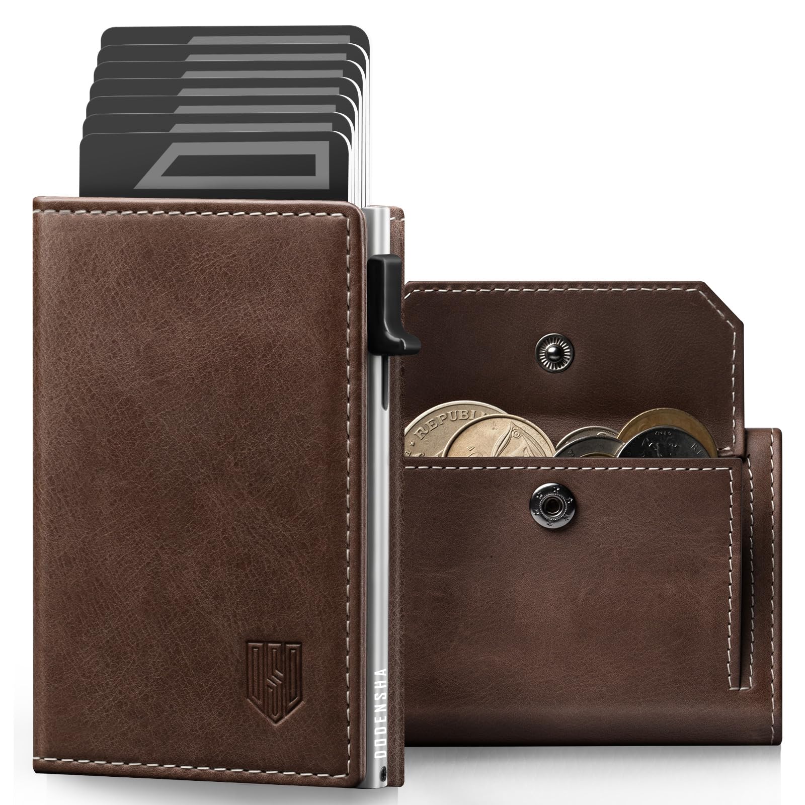 DODENSHA MagSnap Cartera para Hombre I Slim Wallet con Compartimento para Monedas XL para más de 10 Monedas I Tarjetero para Hombre para 10 + Tarjetas (Marrón Plateado)