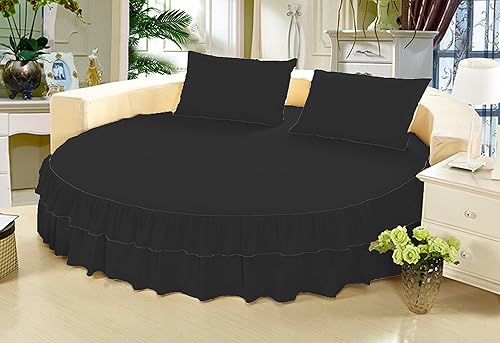 Falda de cama 1 pieza sólida de 12 pulgadas a medida con doble volante, para cama redonda, algodón puro de 800 hilos (negro, tamaño King de 92