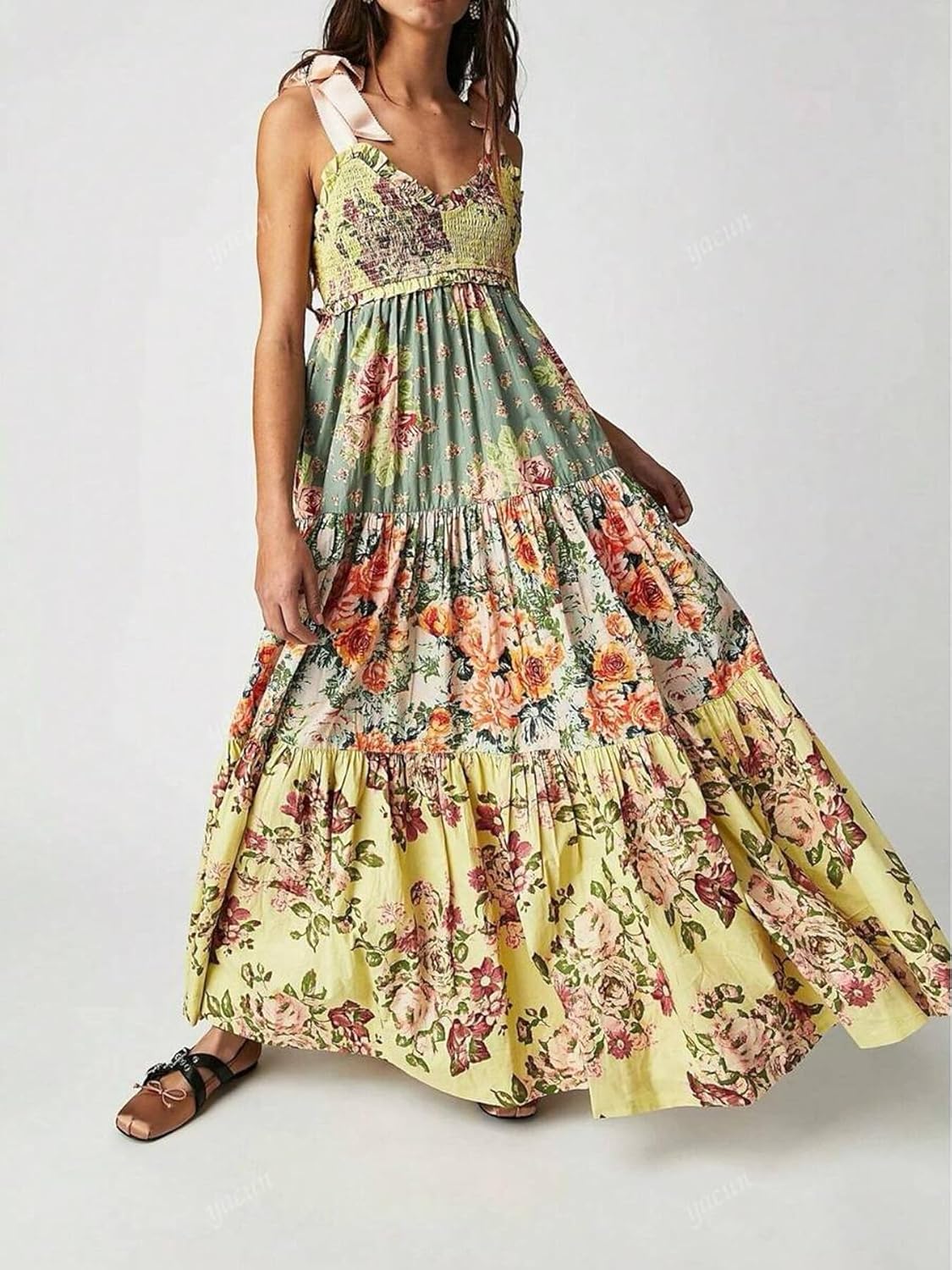 Women Floral Maxi Dress Sundress Tie Shoulder Smocked Flowy Bohemian Dresses Summer Fall with Pockets - Image 4