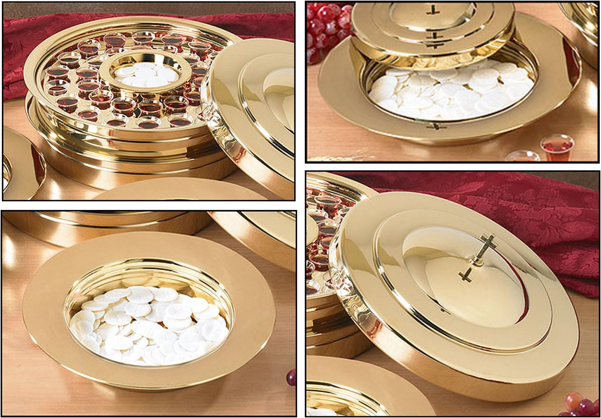Brass Finish Stackable Communion Tray & Bread Plate & Communion Tray Center Bread Plate w/ Cover - Living Grace