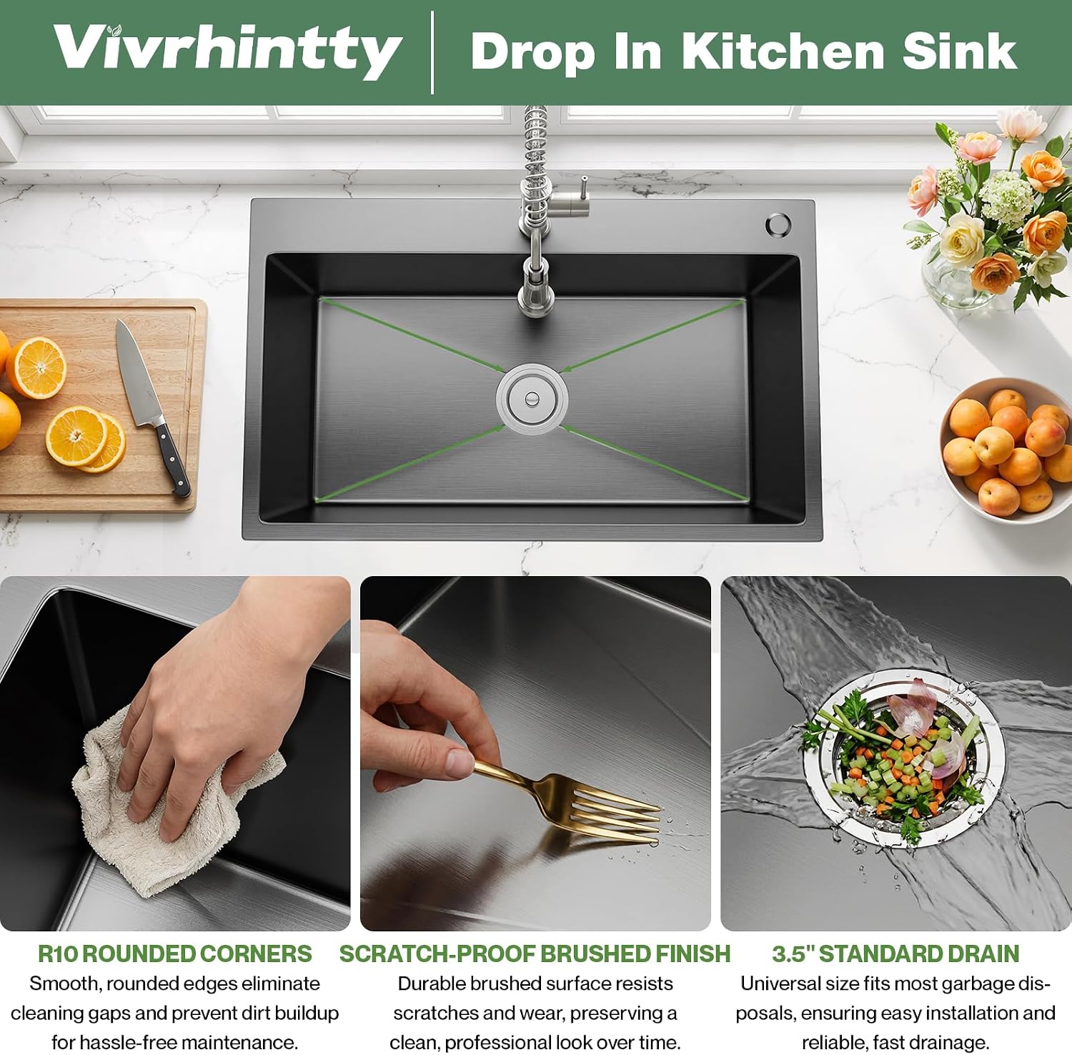 30 Inch Drop in Kitchen Sink, Nano Coating Stainless Steel Topmount Sinks 18 Gauge Modern(Black, 30"x18")