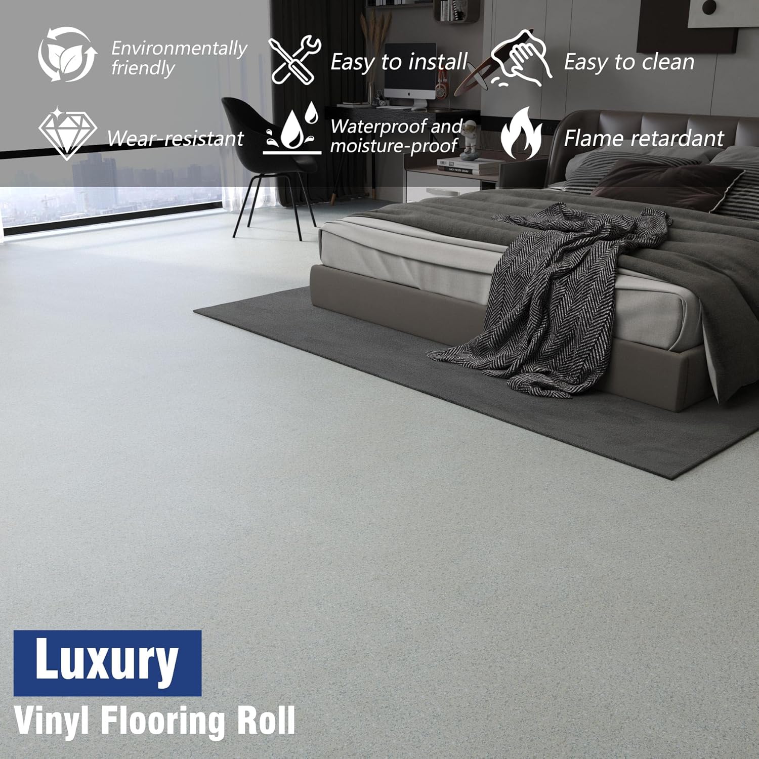 Vinyl Sheet Flooring Roll, 39.3" W x 197" L PVC Sheet Vinyl Flooring Tiles Waterproof Thicken Carpet for Bathroom Living Room Bedroom Kitchen Office (Covered 53.82 sq.ft./Box) (Gray)
