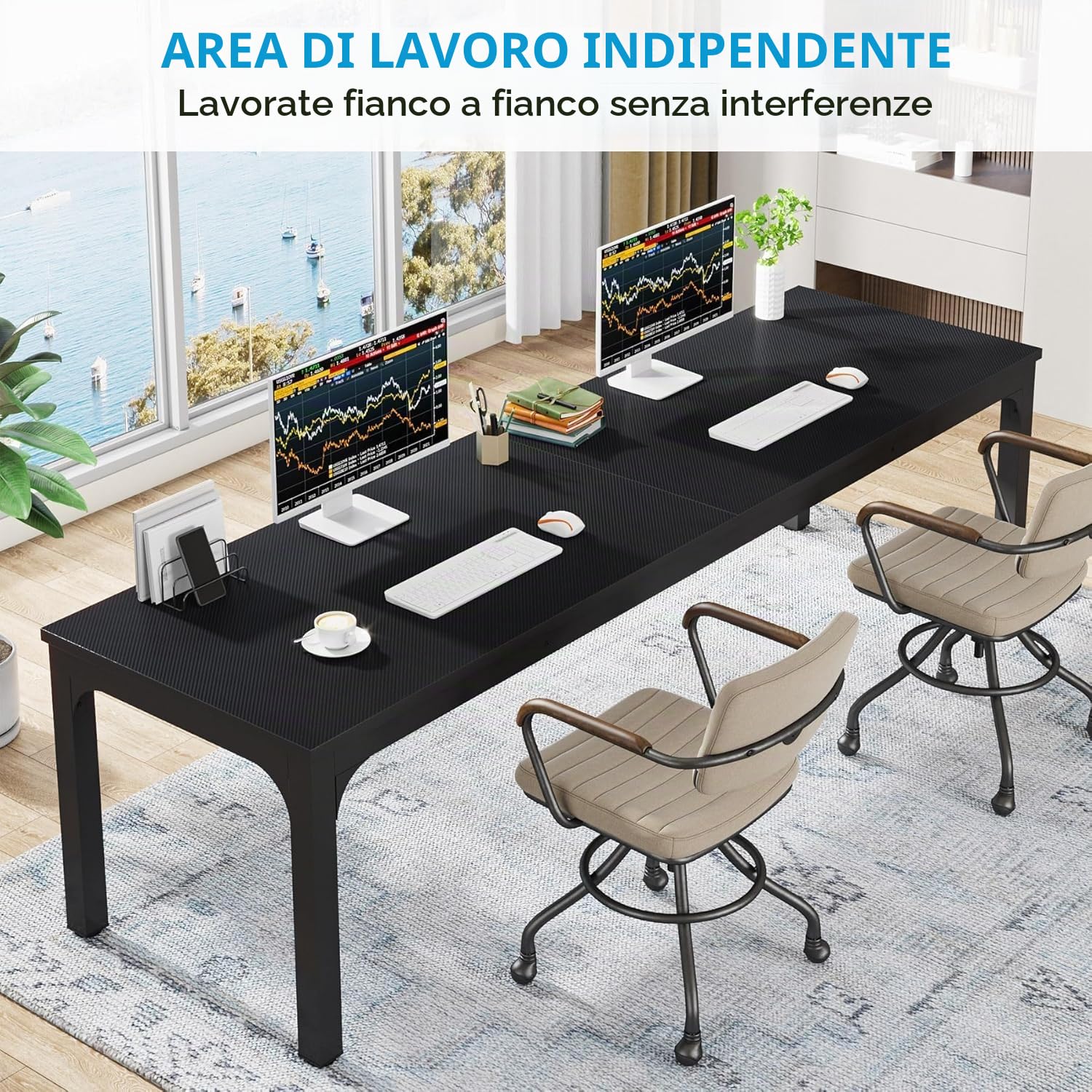 Lailang 200cm Scrivania Computer, Workstation, Scrivania Per Due Persone, Tavolo Legno, Scrivania Pc Gaming, 200 x 70 x 75 cm, Nero