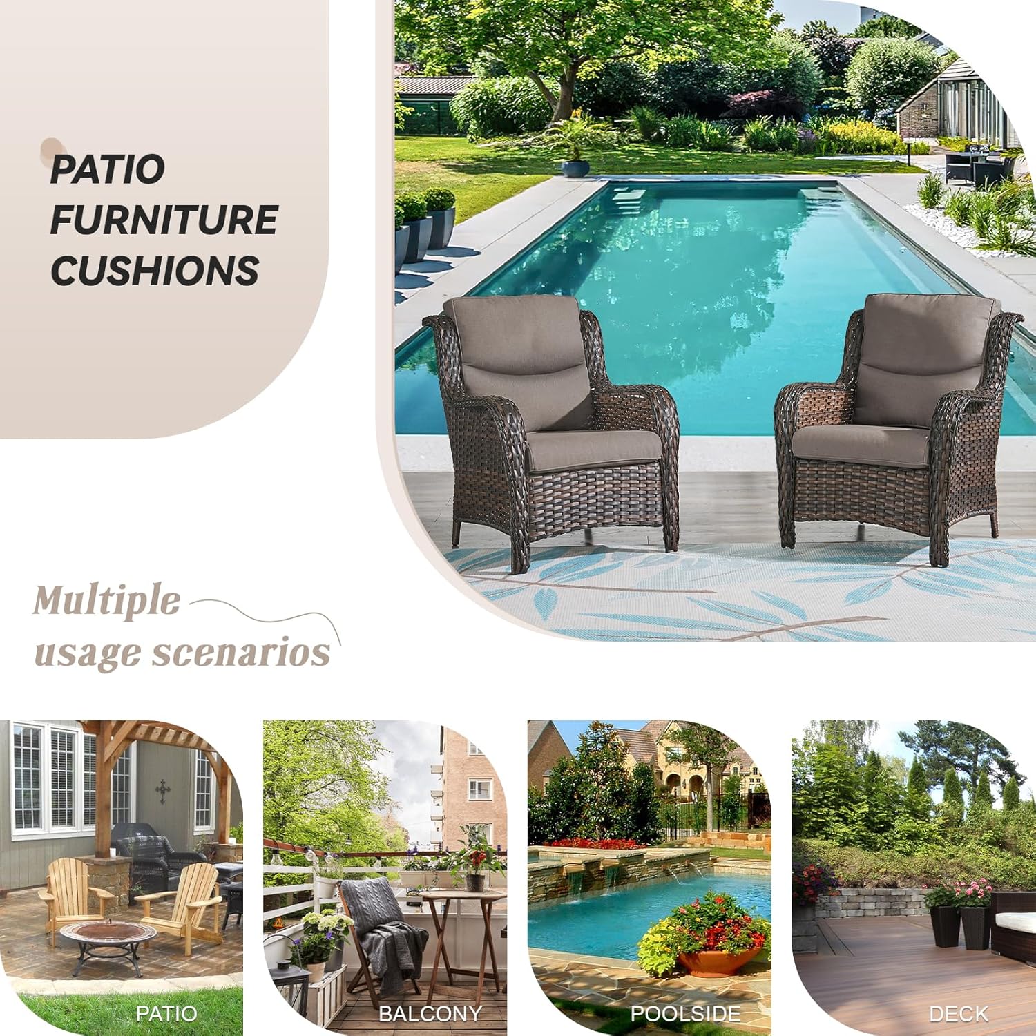 Patio Furniture Cushions Thick Seat Cushion & Back Cushion Set Outdoor Water Resistant Replacement Cushions for Patio Sofa Couch Chair Cushions, Crescent Cushions (1 Set) Grey