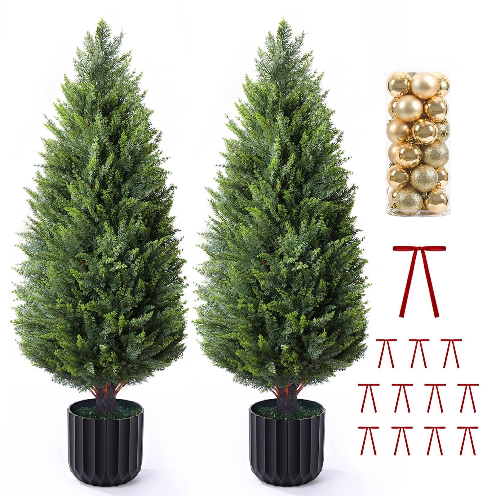 3ft artificial topiary cedar trees 2 pack, lush thick greenery uv rated artificial plants for outdoor planters decor, realistic fake trees indoor garden