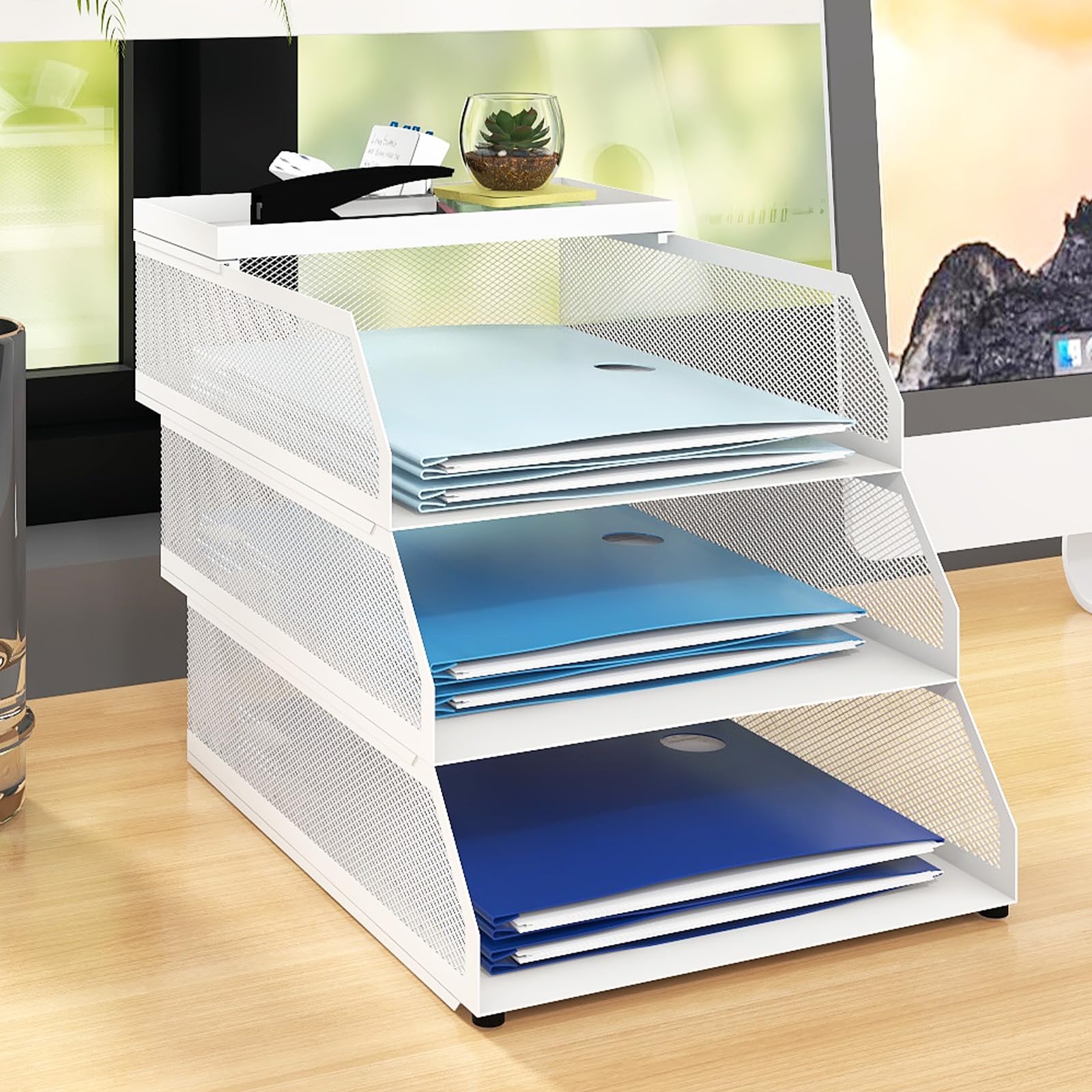 PUNCIA3 Tiers Office Filing Trays for Desk Tidy Organiser Stackable Metal Mesh Paper Storage Letter Tray A4 Magazine File Holder Desk Tidy Document Notebooks Sorter Rack Home School Classroom White