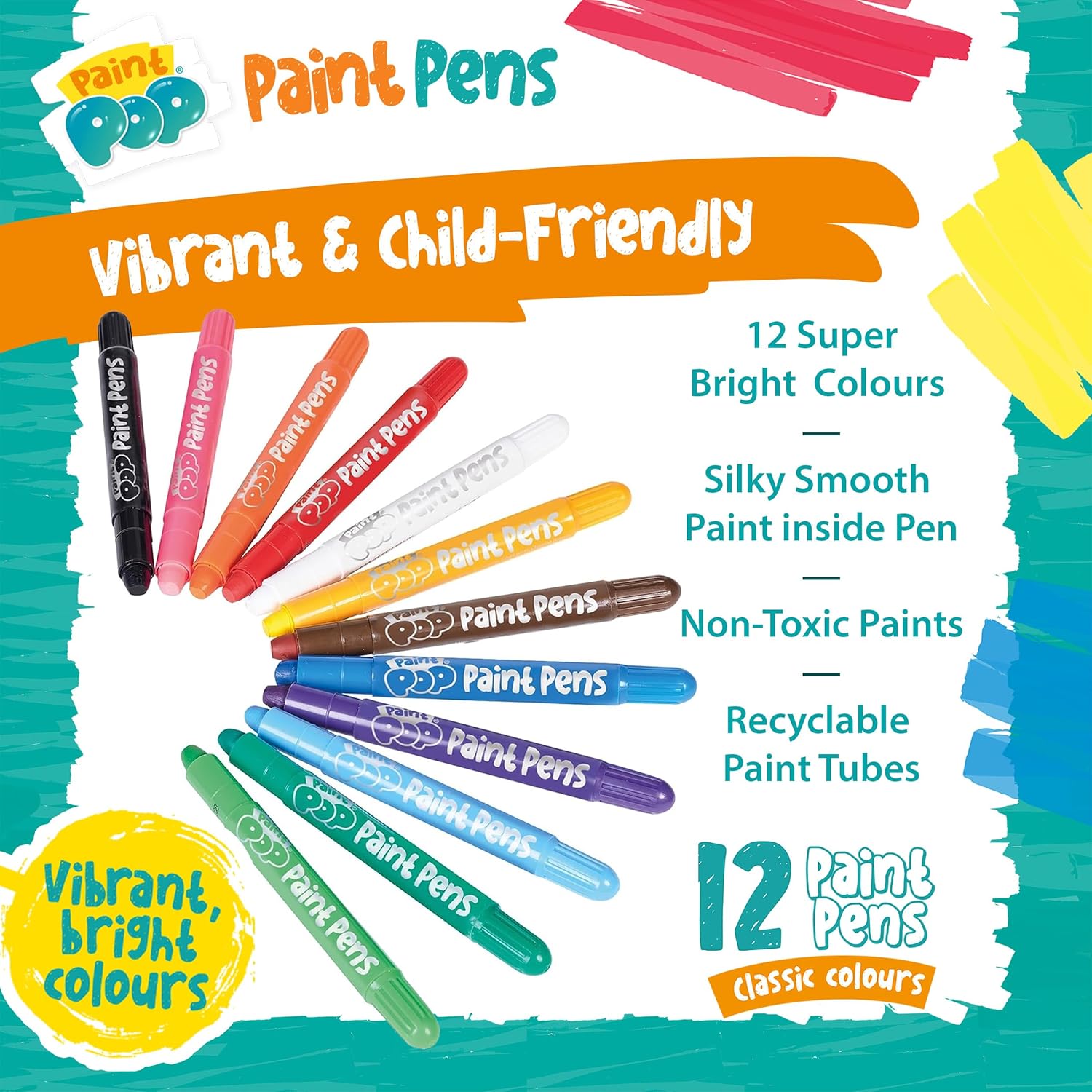 Paint Pens For Kids - 12 Pack Classic Assorted Colours - Simple Twist Action, Smaller Tips for Detail, Mess-Free, Fast Drying, Easy Clean Up, Multi-Surface, Creative Fun